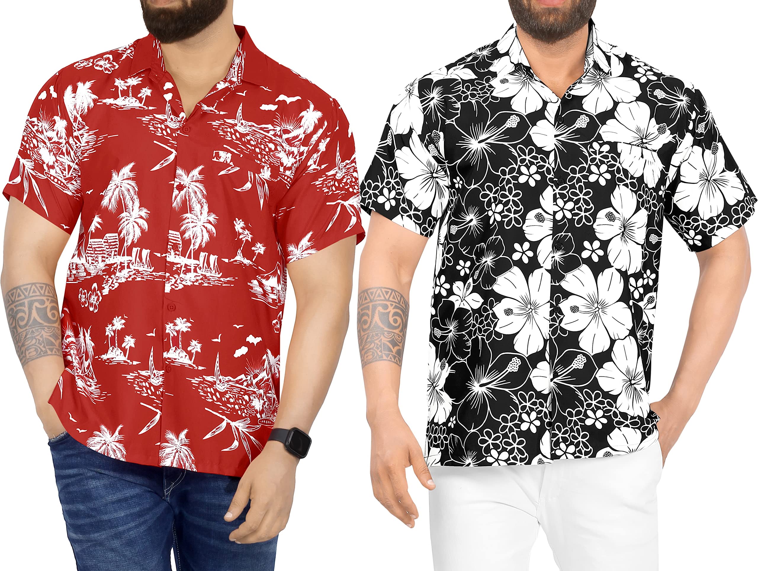 LA LEELA Men's Funny Hawaiian Shirts - Short Sleeve Beach Shirts for Summer, Casual Vacation Wear, XXL Size in Red & Black - Perfect for Pool Parties, Tropical Getaways and Casual Outings