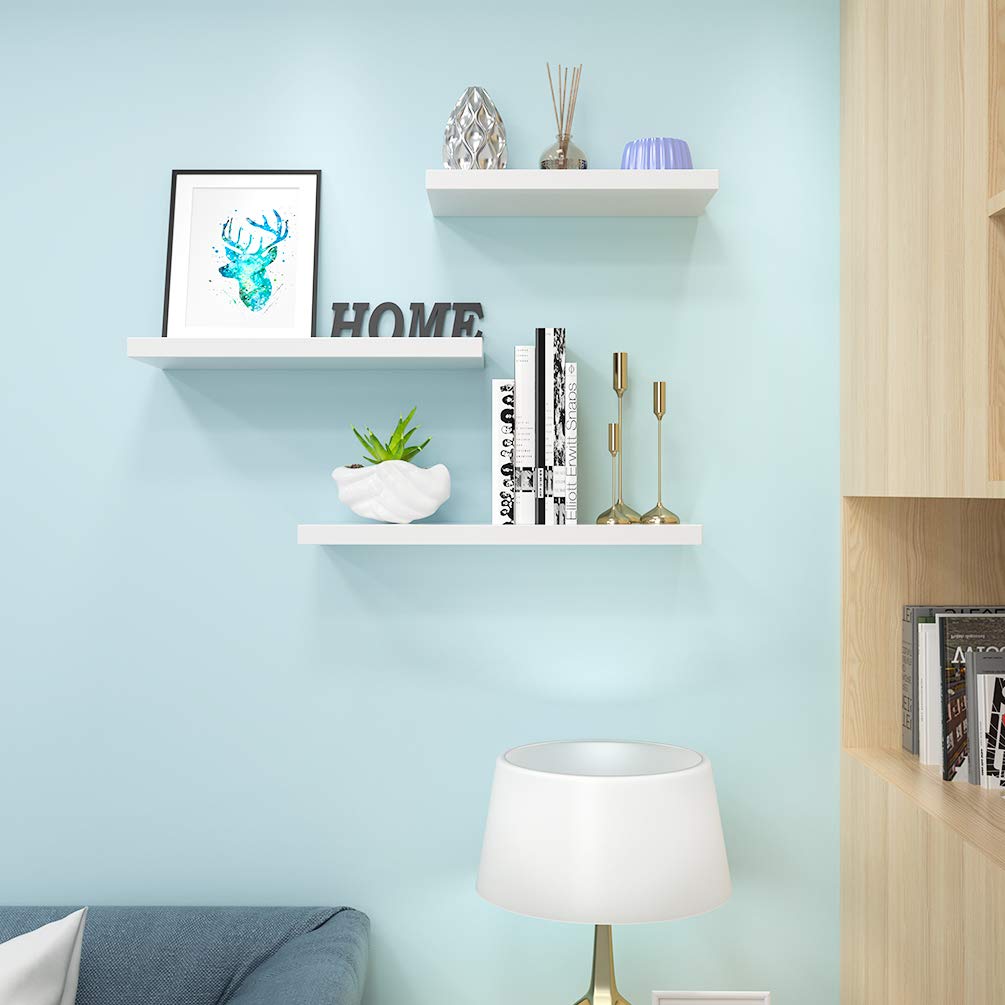 EEFOW White Floating Shelves Wall Mounted - Set of 3 Modern Wooden Ledge Shelves for Home Decor | Invisible Storage Display Shelf for Bedroom, Living Room, Office & Kitchen | Perfect for Books, Plants, Photos and Decorative Items