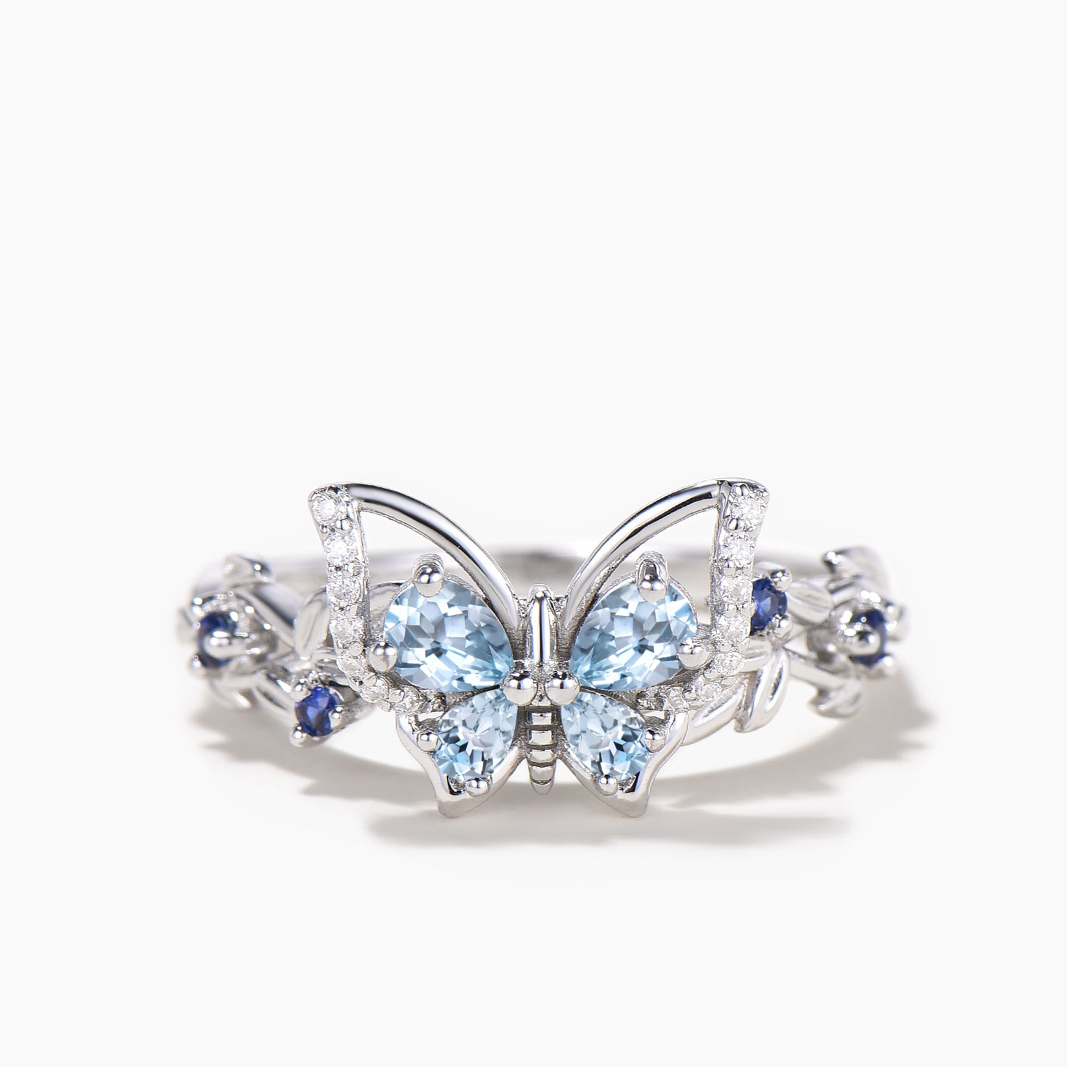 Natural Pear Cut Aquamarine Butterfly Wedding Ring with Diamond & Sapphire Accents - Nature Inspired Bridal Jewelry for Engagement, Anniversary & Romantic Occasions