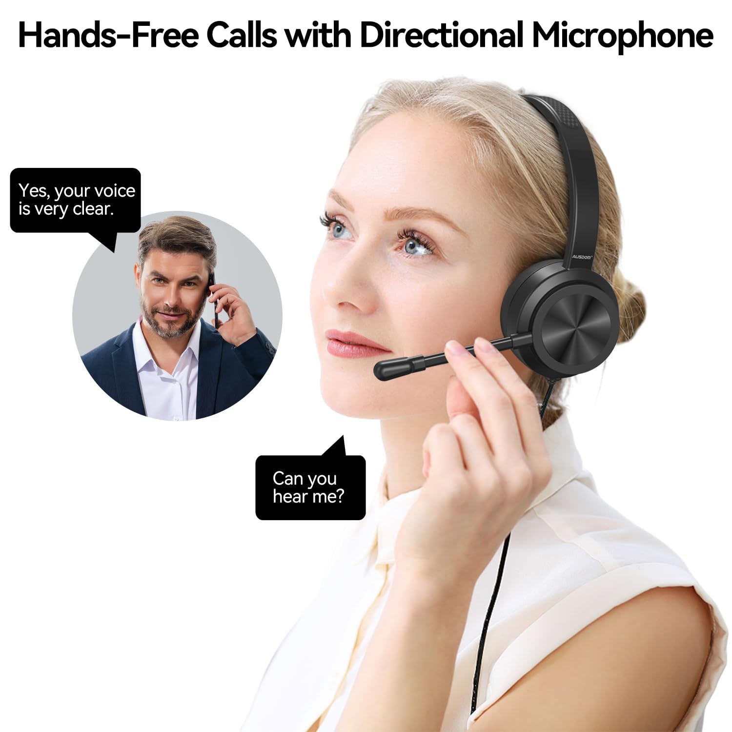 AUSDOM USB Computer Headset with Microphone - Noise Cancelling Wired Headphones with In-line Controls, 3.5mm/USB-A/USB-C Compatible for PC, Laptop, Phone | Perfect for Home Office, Online Classes, Zoom/Skype Meetings & Gaming