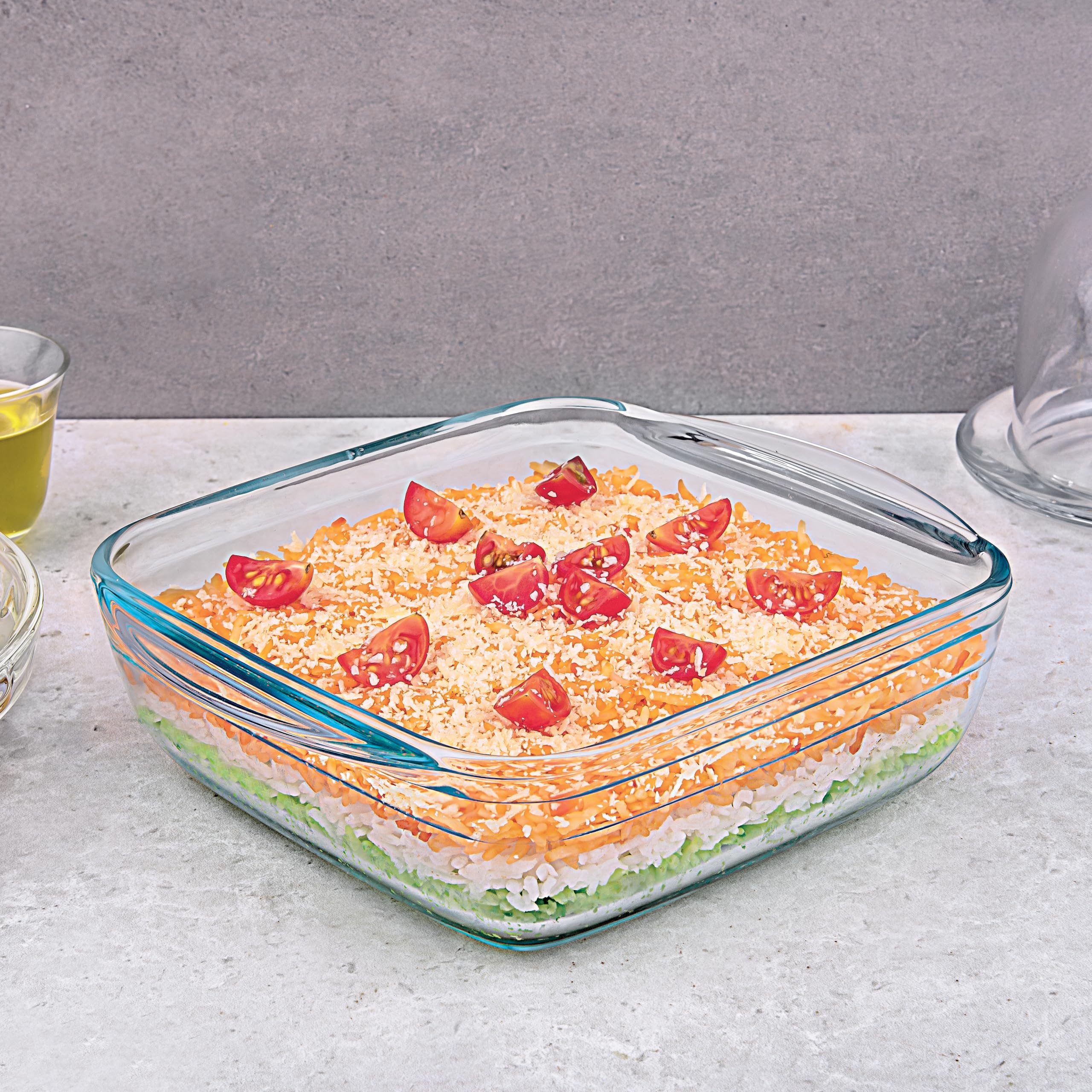 La Opala 100% Borosilicate Glass Baking Dish with Handle - 1L Square Oven & Microwave Safe Bakeware Set - Freezer & Dishwasher Safe Transparent Serving Dish for Casseroles, Lasagna & Desserts - Perfect for Family Dinners & Holiday Entertaining
