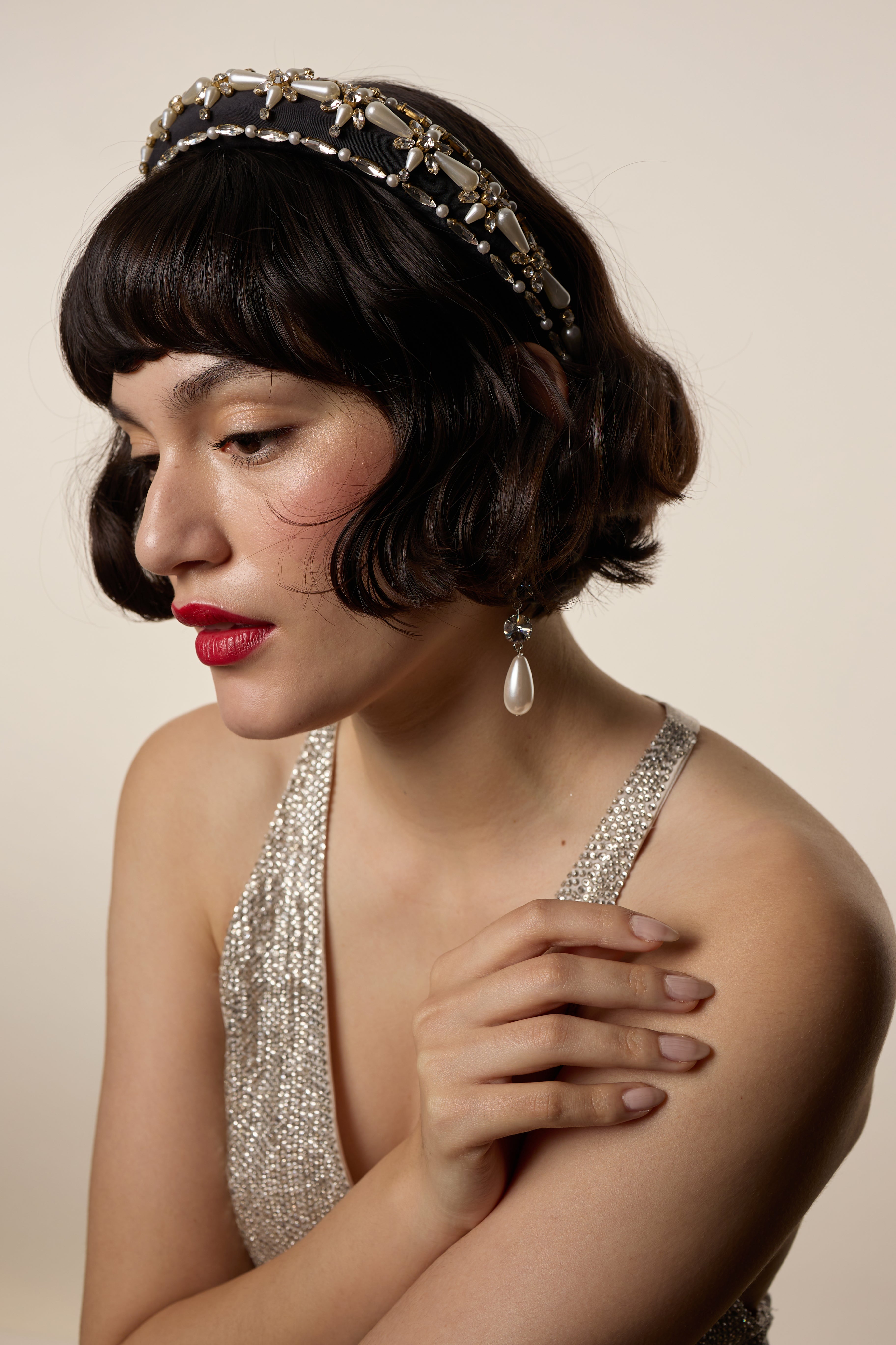 Annie Pearl & Crystal Padded Headband - Elegant Hair Accessory for Women | Wedding, Party & Everyday Wear