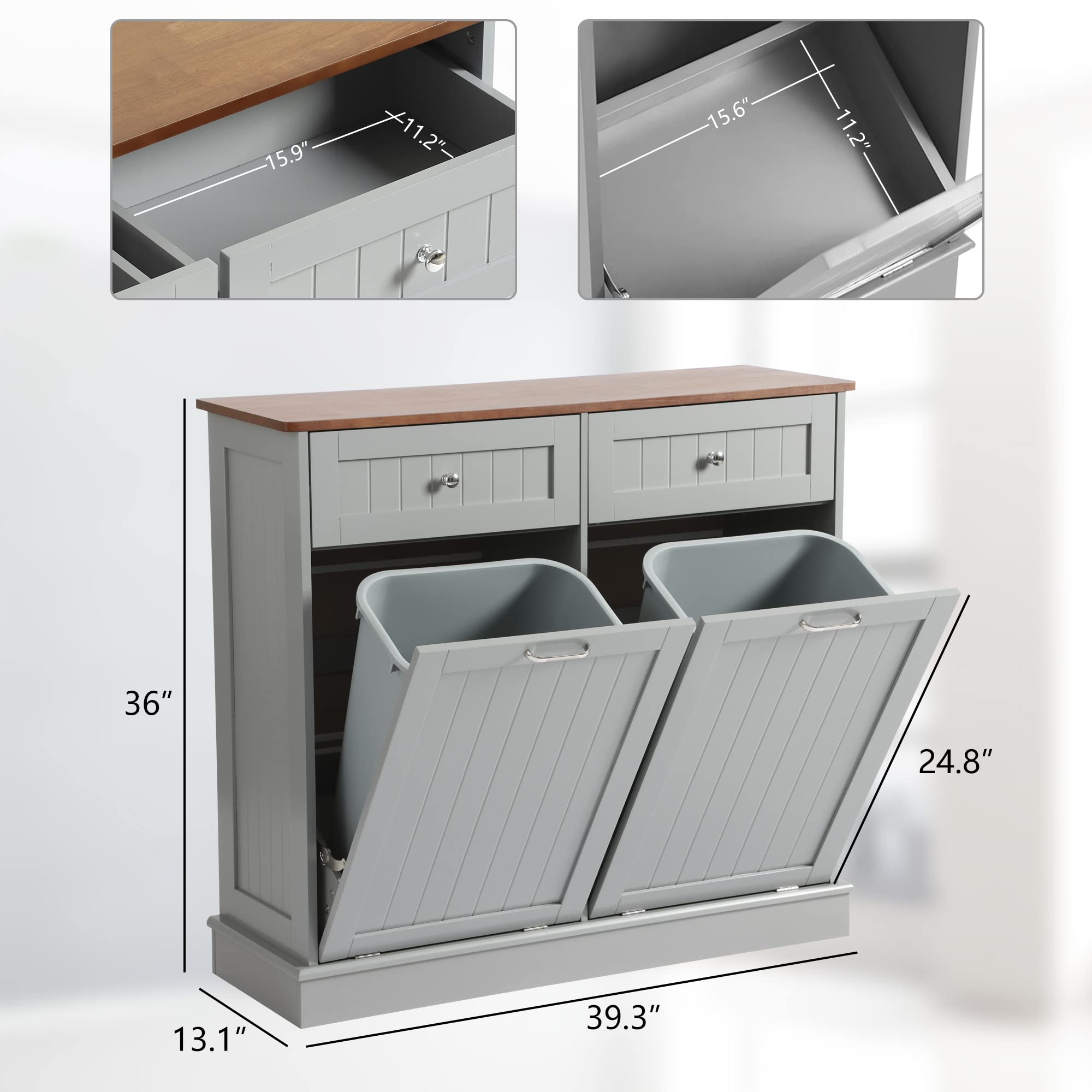 Tilt Out Trash Can Cabinet with Double Hidden Can Holder - Wooden Free Standing Kitchen Recycling Storage - Dog Proof Gray Cabinet for Waste Management & Home Organization