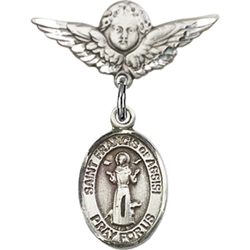 St. Francis of Assisi Sterling Silver Baby Badge with Angel Wing Charm - 7/8