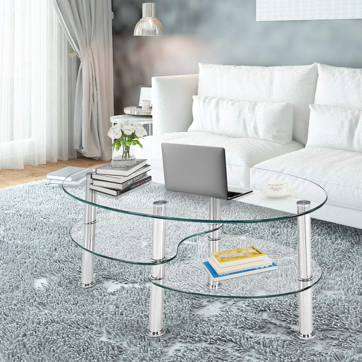 Modern Glass Coffee Table with Steel Legs - Clear Tempered Glass Top & Sturdy Metal Frame for Living Room, Lounge, or Office - Stylish Cocktail & Tea Table for Home Decor