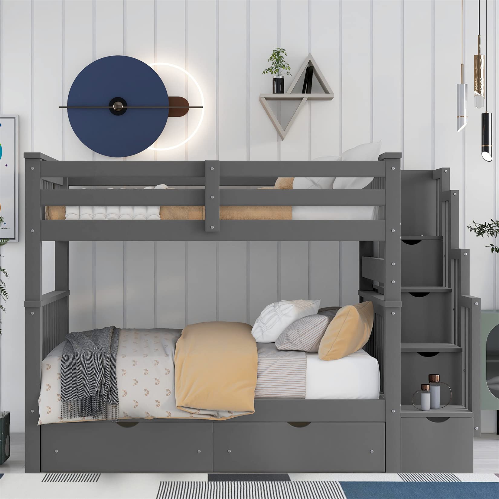 Full Over Full Bunk Bed with Storage & Stairs - Space-Saving for Kids & Adults