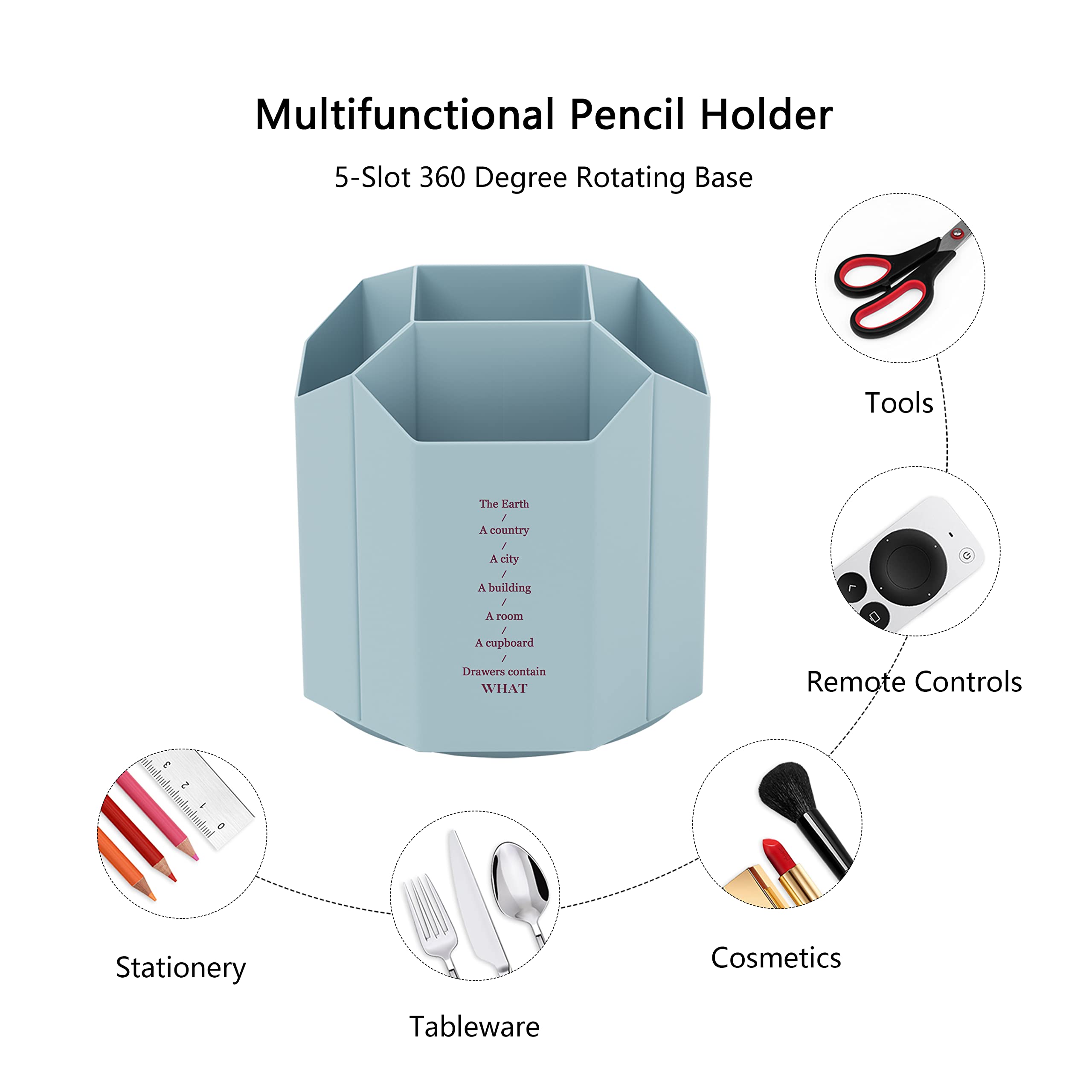 360-Degree Rotating Desk Pen Holder with 5 Slots - Blue Pencil Organizer for Office, School & Art Supplies | Perfect Gift for Teachers, Classmates & Friends | Ideal for Workspace Organization & Study Desks