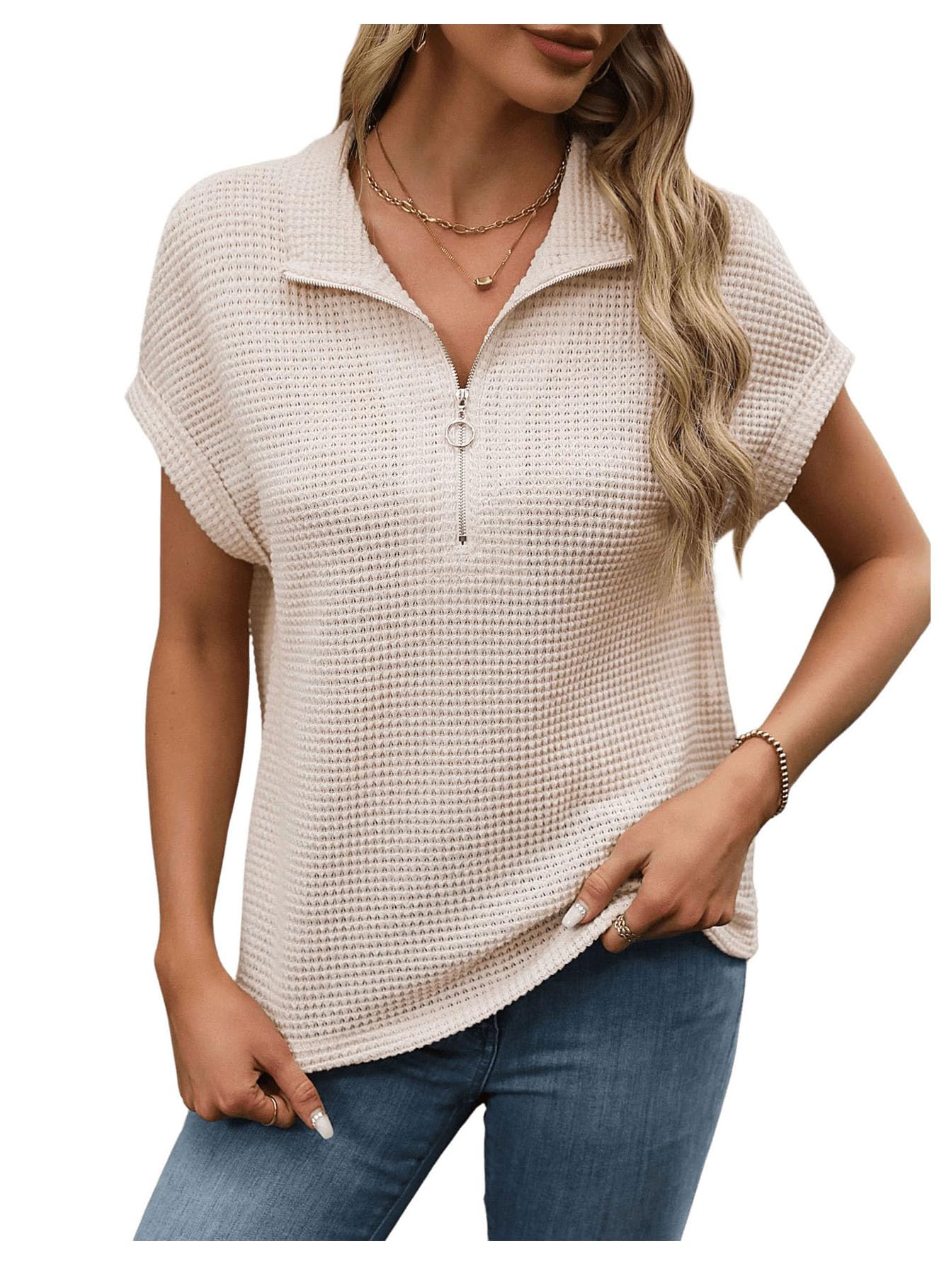 WDIRARA Women's Casual Waffle Knit Zipper Half Placket Tee Shirt - Mesh Short Sleeve Crop Top for Summer Outfits, Streetwear & Layering