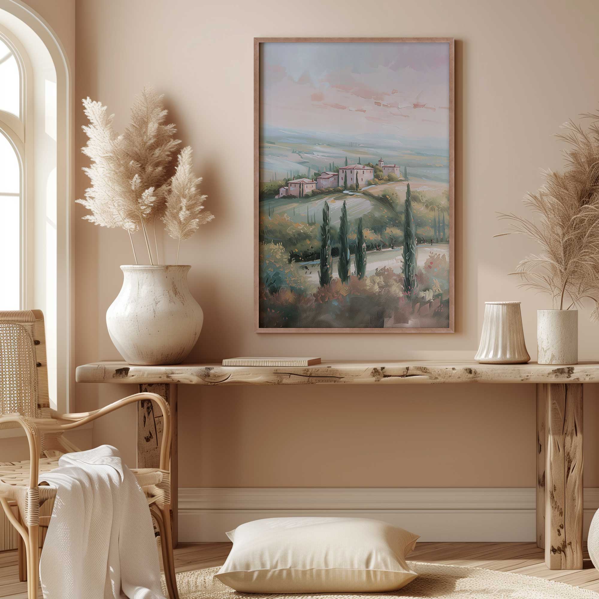 Tuscany Sunset Landscape Art Print - Dusk's Glow v1 Wall Decor for Living Room, Bedroom & Office