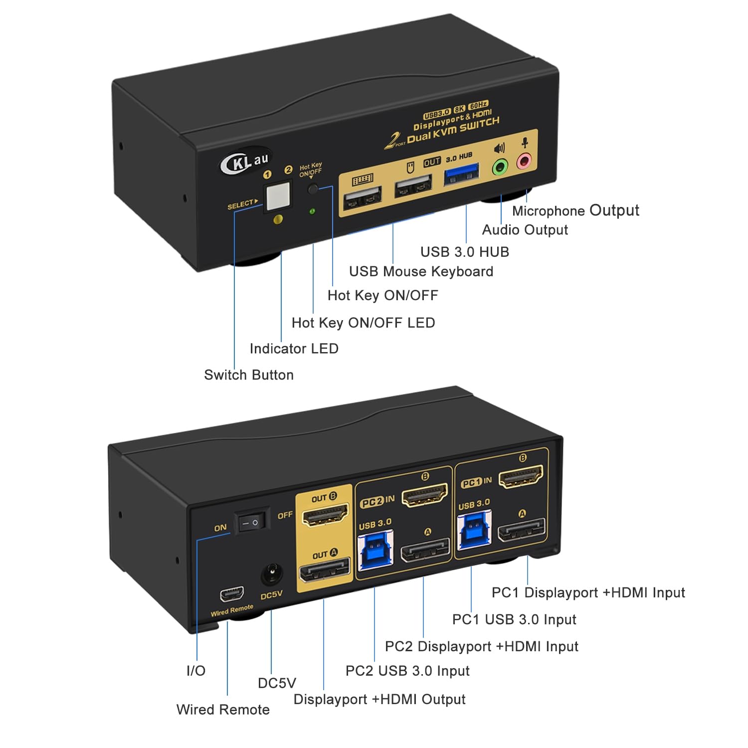 CKLau 2 Port USB 3.0 KVM Switch - Dual Monitor Support, DisplayPort 1.4 & HDMI 2.1 - 8K@60Hz, 4K@144Hz with Audio Output & Included Cables - Ideal for Home Office, Gaming & Multi-Tasking Workstations