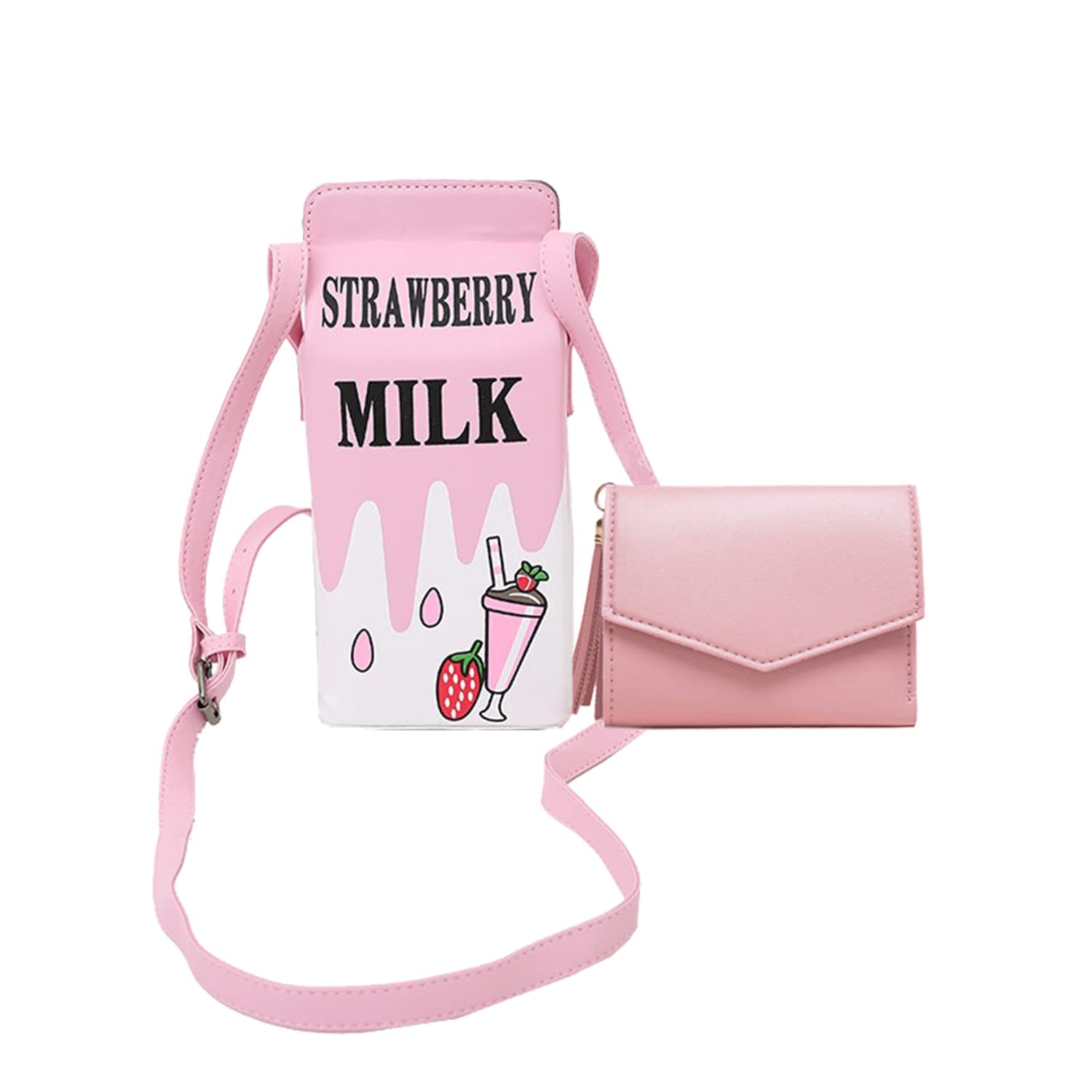 Oirtmiu Girls Strawberry Milk Box Crossbody Bag for Women & Teens - Cute Phone Wallet Shoulder Purse in Pink - Perfect for School, Shopping & Daily Use