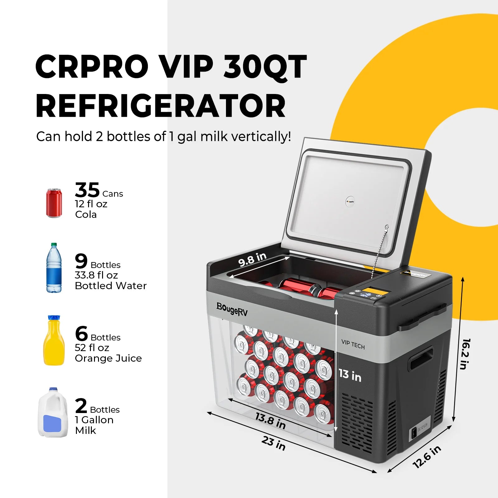 BougeRV CRPRO30 VIP Upgraded 30 Quart Portable Refrigerator - 12V/24V Car Freezer for Camping, Road Trips & Outdoor Adventures | Compact Fridge for Food, Drinks & Medicine Storage
