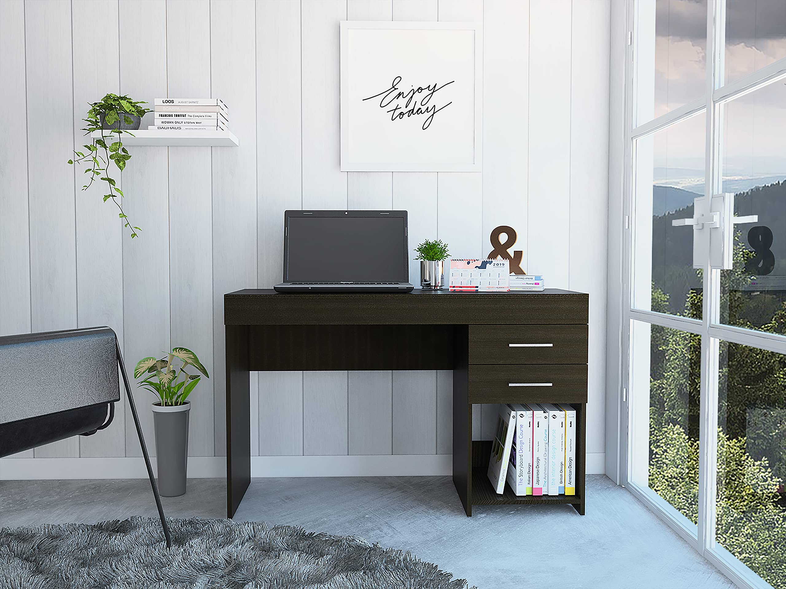 Black Austin Computer Desk with 2 Drawers & Open Shelf - Sturdy Metal Handles, Home Office Desk for Small Spaces, Gaming & Study Workstation