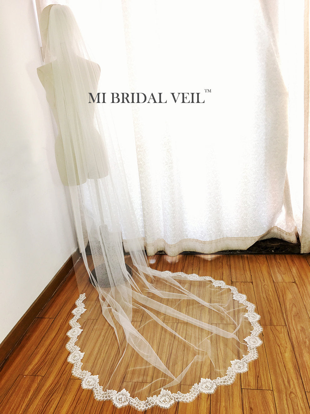 Chapel Length Wedding Veil with Eyelash Chantilly Rose Lace Trim - Elegant Bridal Veil for Weddings, Church Ceremonies & Romantic Photos