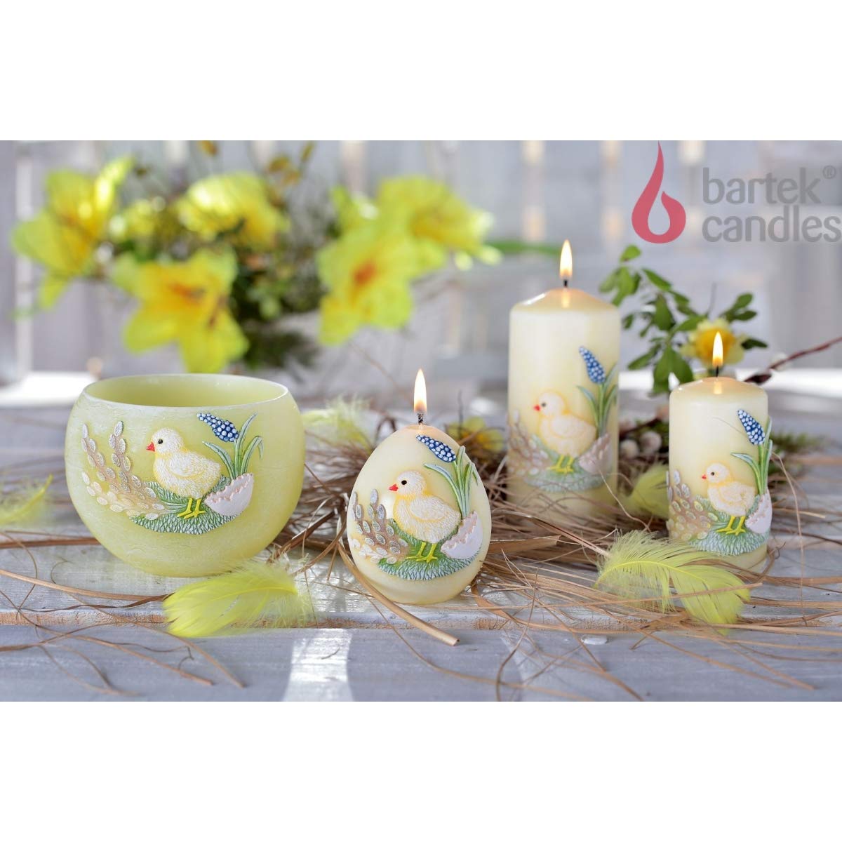 Bartek Candles Easter Handmade Chicken Candle with Catkins - Yellow Pastel Tealight Holder (120mm) - Perfect for Spring Home Decor, Easter Gifts & Table Centerpieces