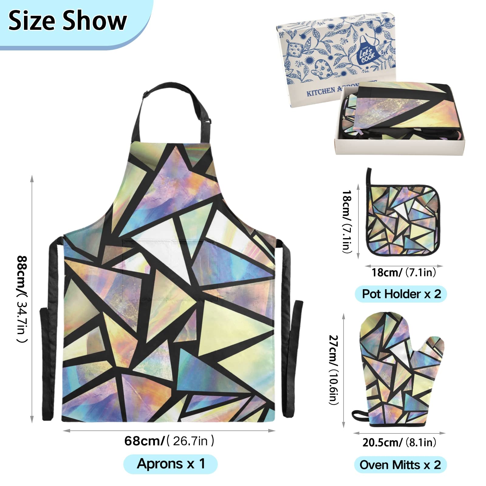 Iridescent Triangle Abstract Kitchen Apron Set with 2 Potholders & 2 Oven Mitts - Stylish Cooking Accessories for Men, Women & Chefs - Perfect for Baking, Grilling & Home Kitchen Decor