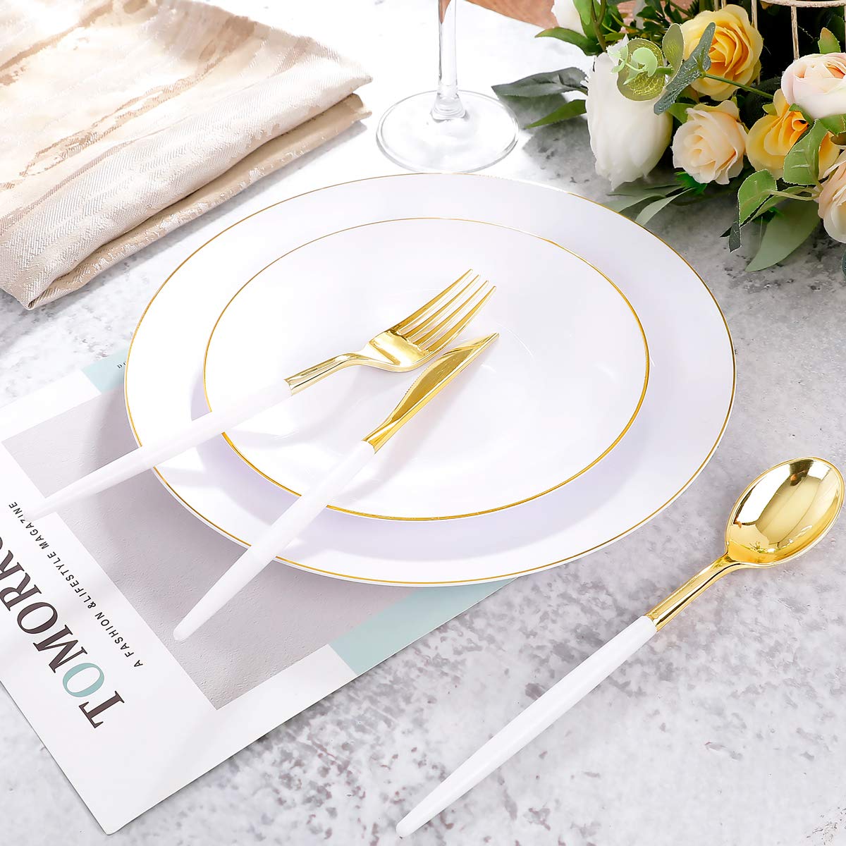 Premium 350-Piece Gold Plastic Dinnerware Set - Elegant Disposable Gold Silverware with White Handles, White Plates, Clear Cups & Gold Rim Napkins for Christmas, Weddings, Parties & Special Events