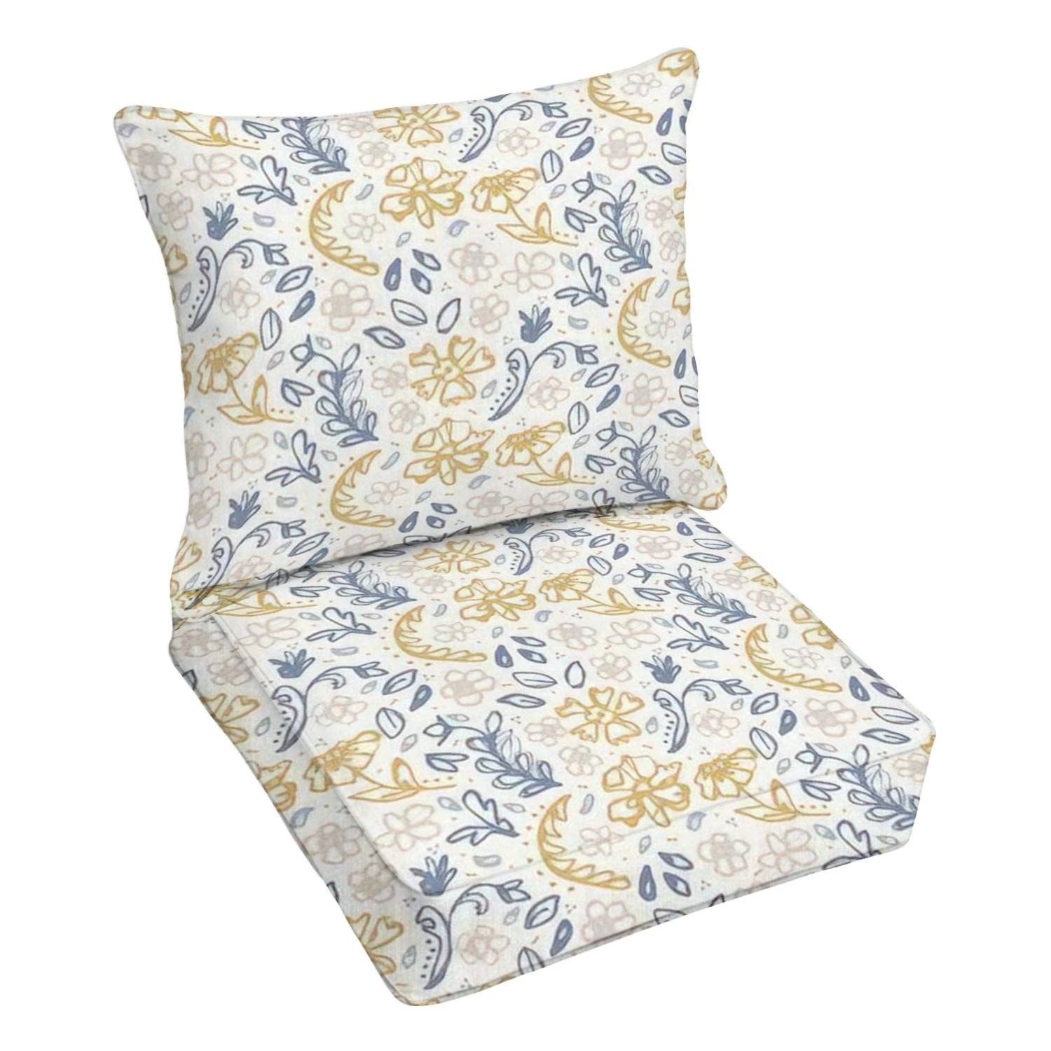 Premium Outdoor Deep Seating Cushion Set - French Farmhouse Linen Floral Damask Print in Provence Blue - Waterproof Patio Furniture Replacement Cushions for Lounge Chairs, Conversation Sets & Outdoor Sofas - Perfect for Backyard, Garden, Poolside and Patio Relaxation