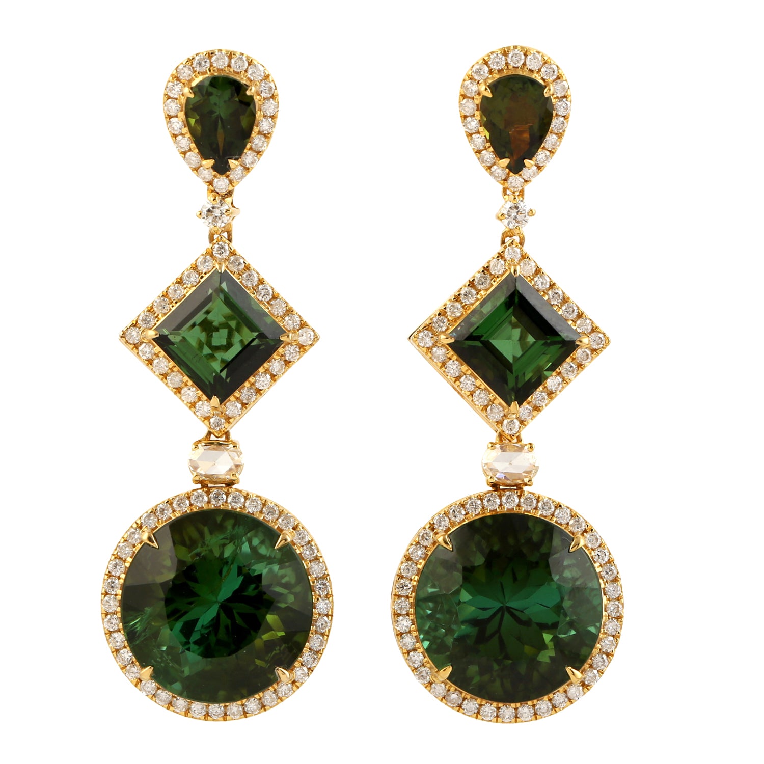 18K Yellow Gold Green Tourmaline Gemstone Pave Diamond Drop Dangle Earrings for Women - Perfect for Weddings, Parties & Special Occasions