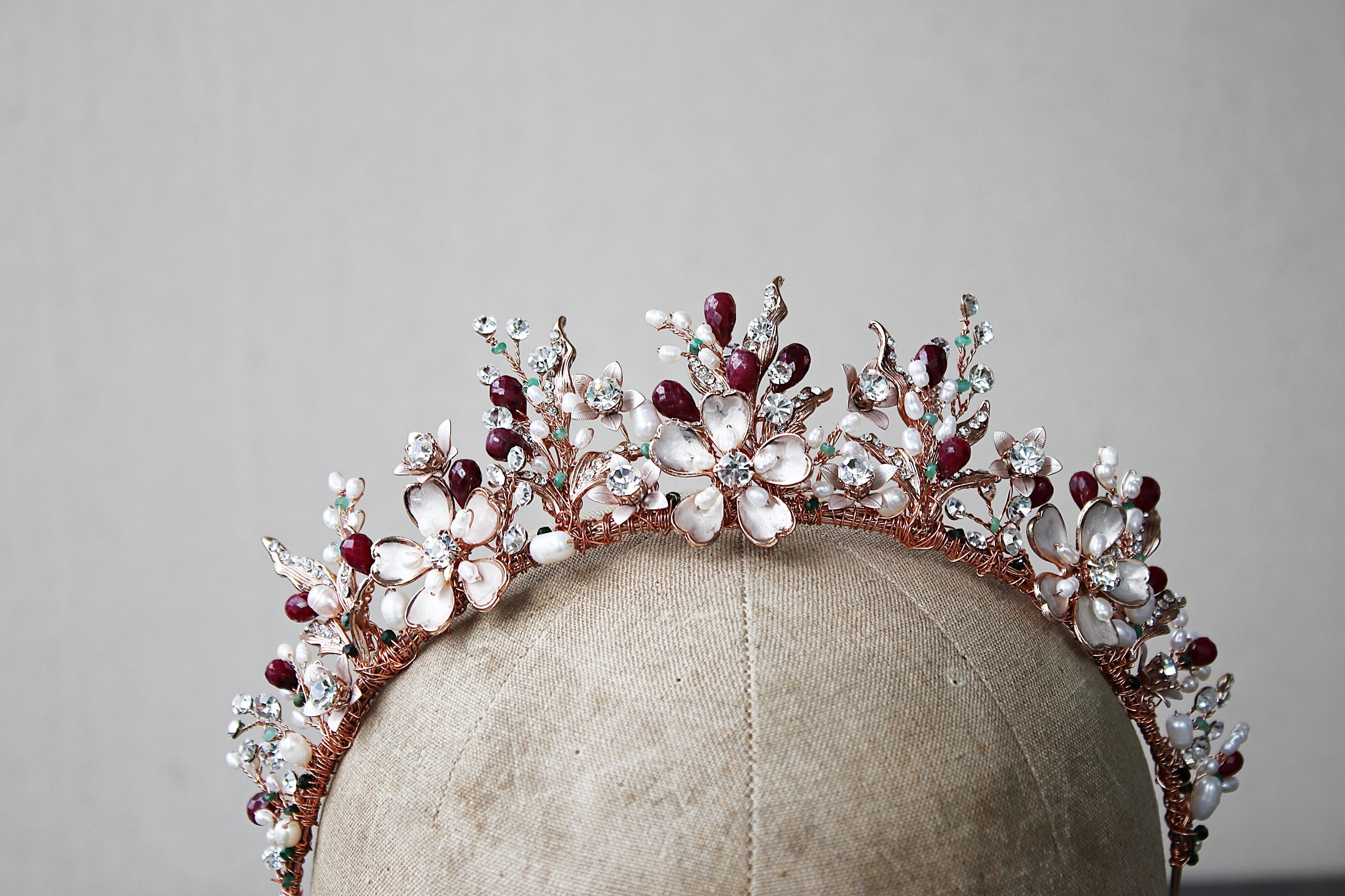 GENEVIEVE Elegant Tiara Headpiece with Genuine Ruby & Emerald Briolettes - Perfect for Weddings, Prom, and Royal-Themed Parties