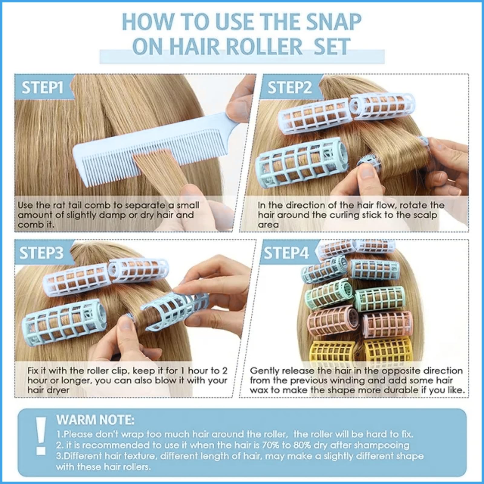 Professional Magnetic Snap-On Hair Rollers - 6 Pack Blue Plastic Curlers for Women & Girls - Perfect for Salon Styling, Home Use & DIY Hairstyles