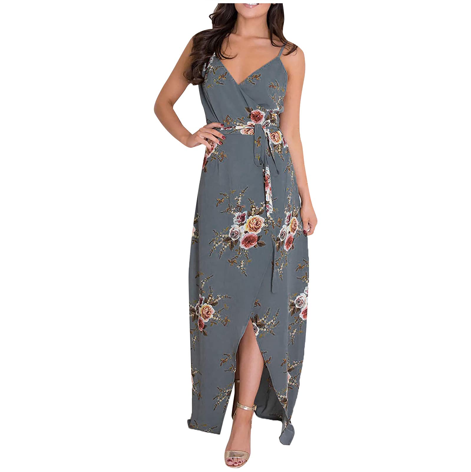 LCZIWO Women's Sexy Spaghetti Strap Maxi Dress - Sleeveless Wrap Front V-Neck Boho Floral Print Beach Dress | Perfect for Summer Vacations, Beach Parties & Date Nights