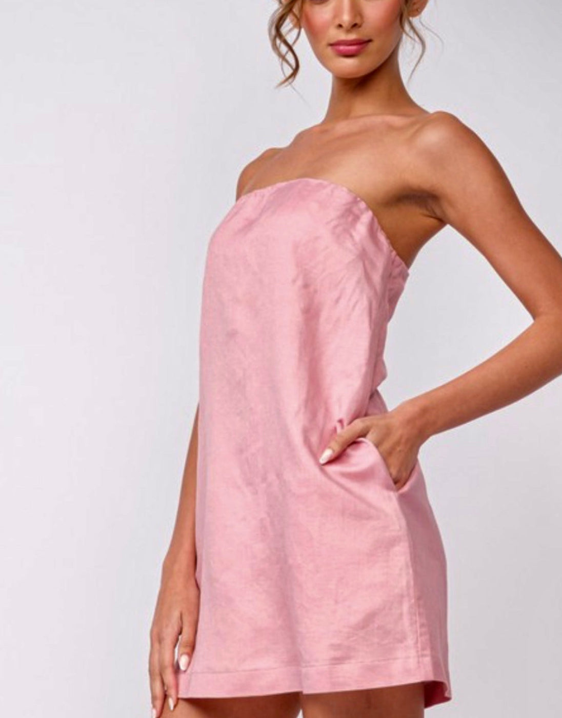 Elegant Pink Strapless Linen A-Line Mini Dress for Women - Perfect for Summer Weddings, Beach Vacations & Date Nights