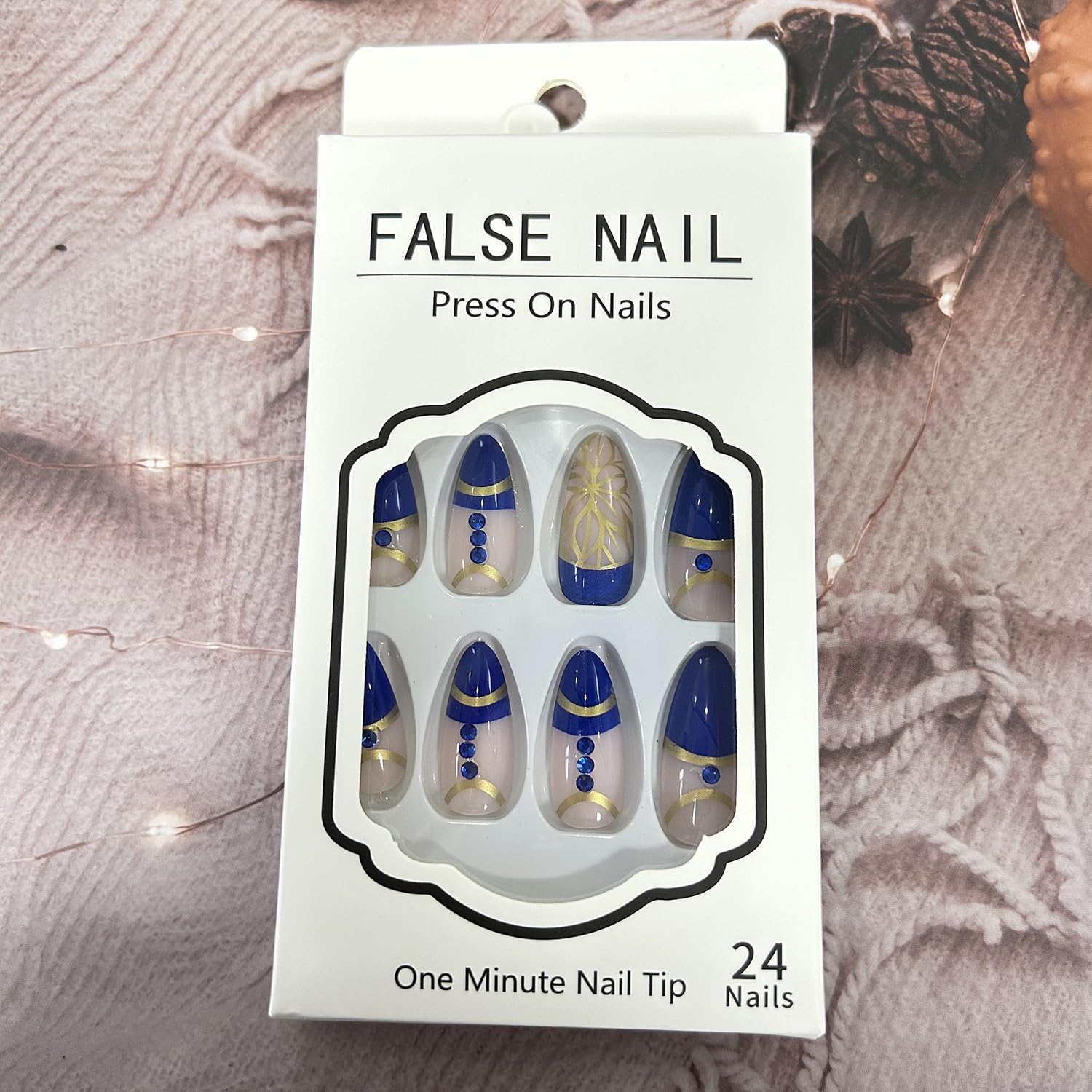 Blue Press on Nails with Rhinestones & Gold Foil - Medium Almond Shaped Acrylic Fake Nails Set | Glossy Coffin French Tip Artificial Nails with Glue | Perfect for Parties, Weddings & Special Occasions