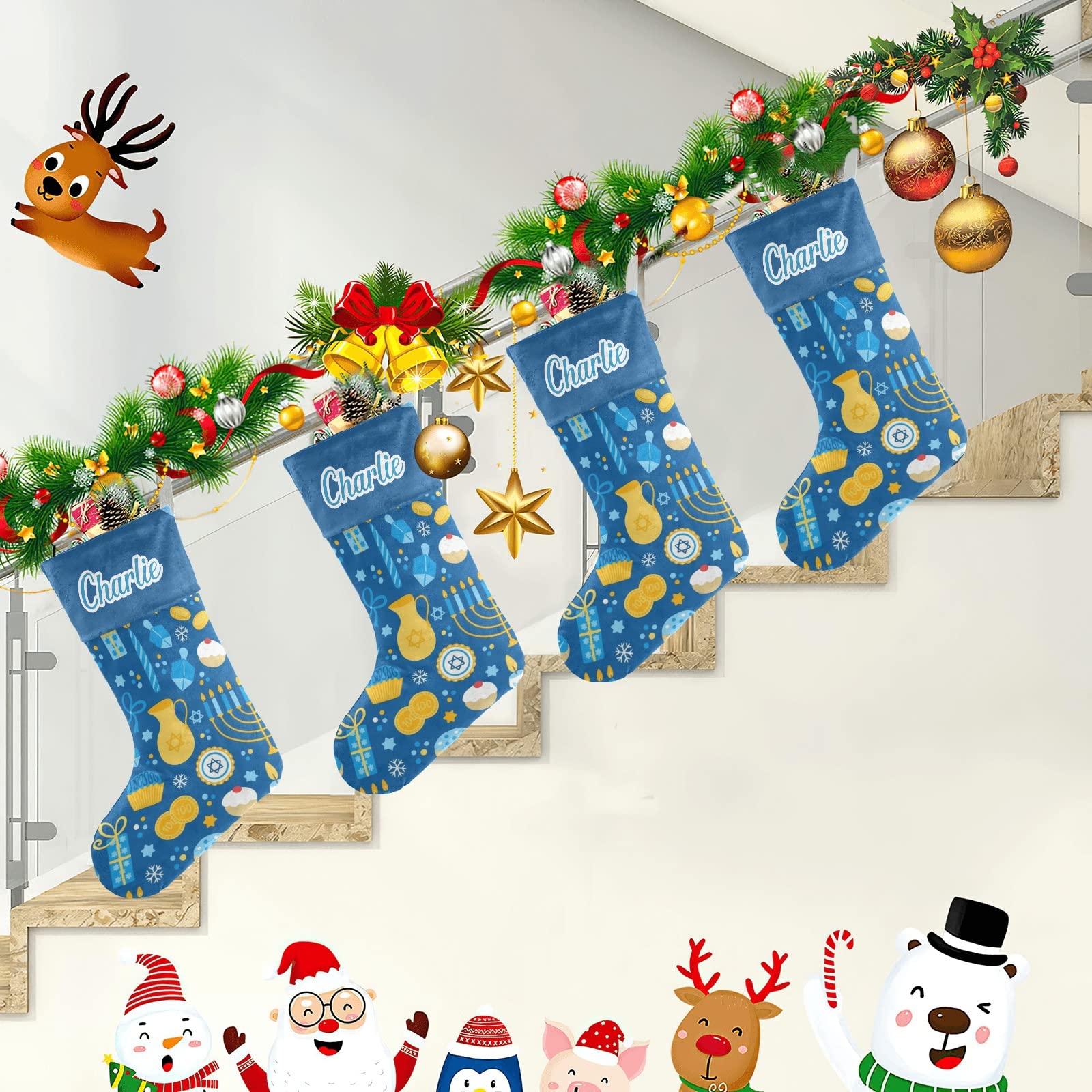 Personalized Hanukkah Christmas Stockings with Custom Name - 17.52 x 7.87 Inch Festive Holiday Decor for Fireplace Mantel, Gift Exchange & Family Traditions