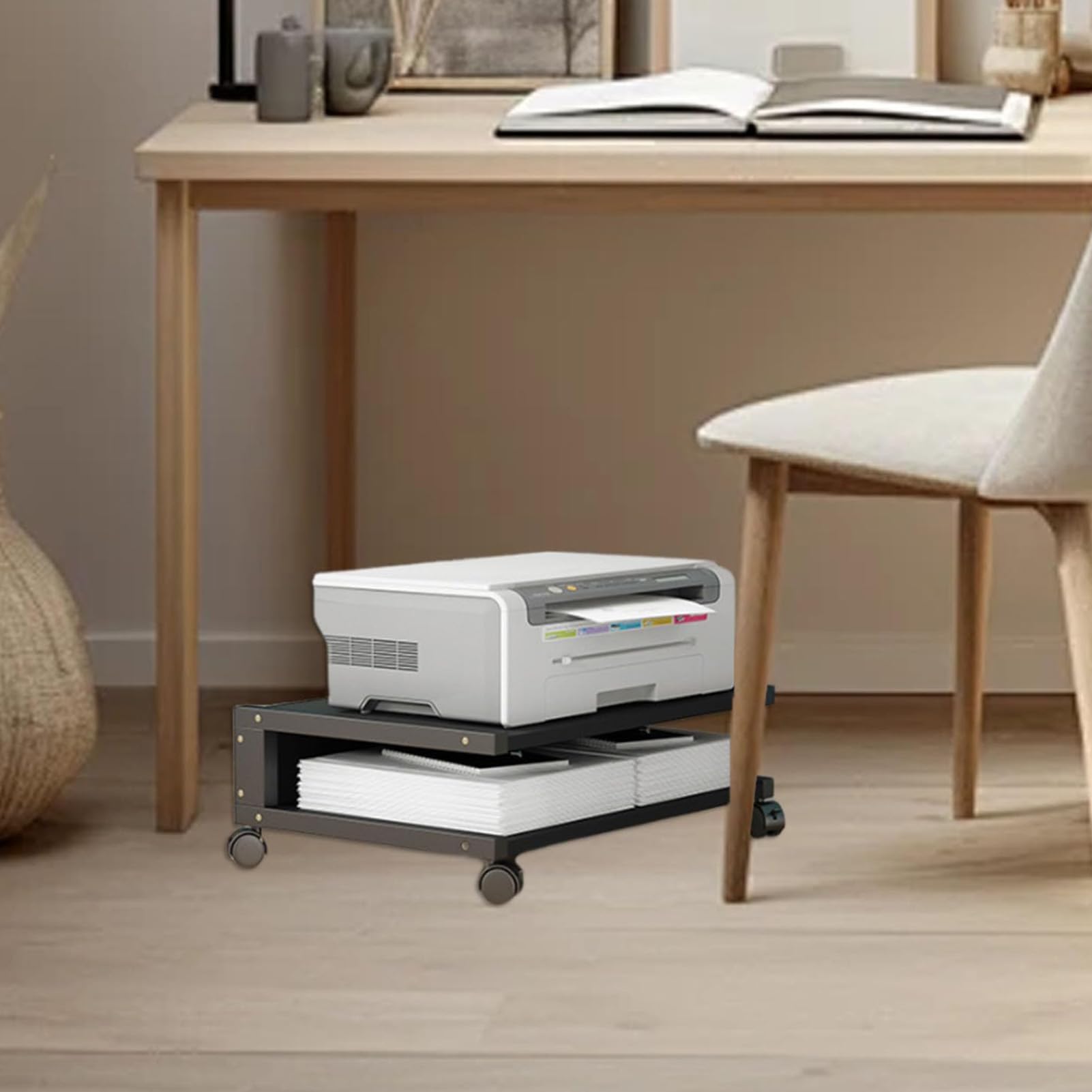 Adjustable Rolling Printer Stand with Storage - Mobile Desk Organizer with 4 Lockable Wheels for Home Office, Bedroom or Study - Perfect for Printer, Scanner & Office Supplies Organization