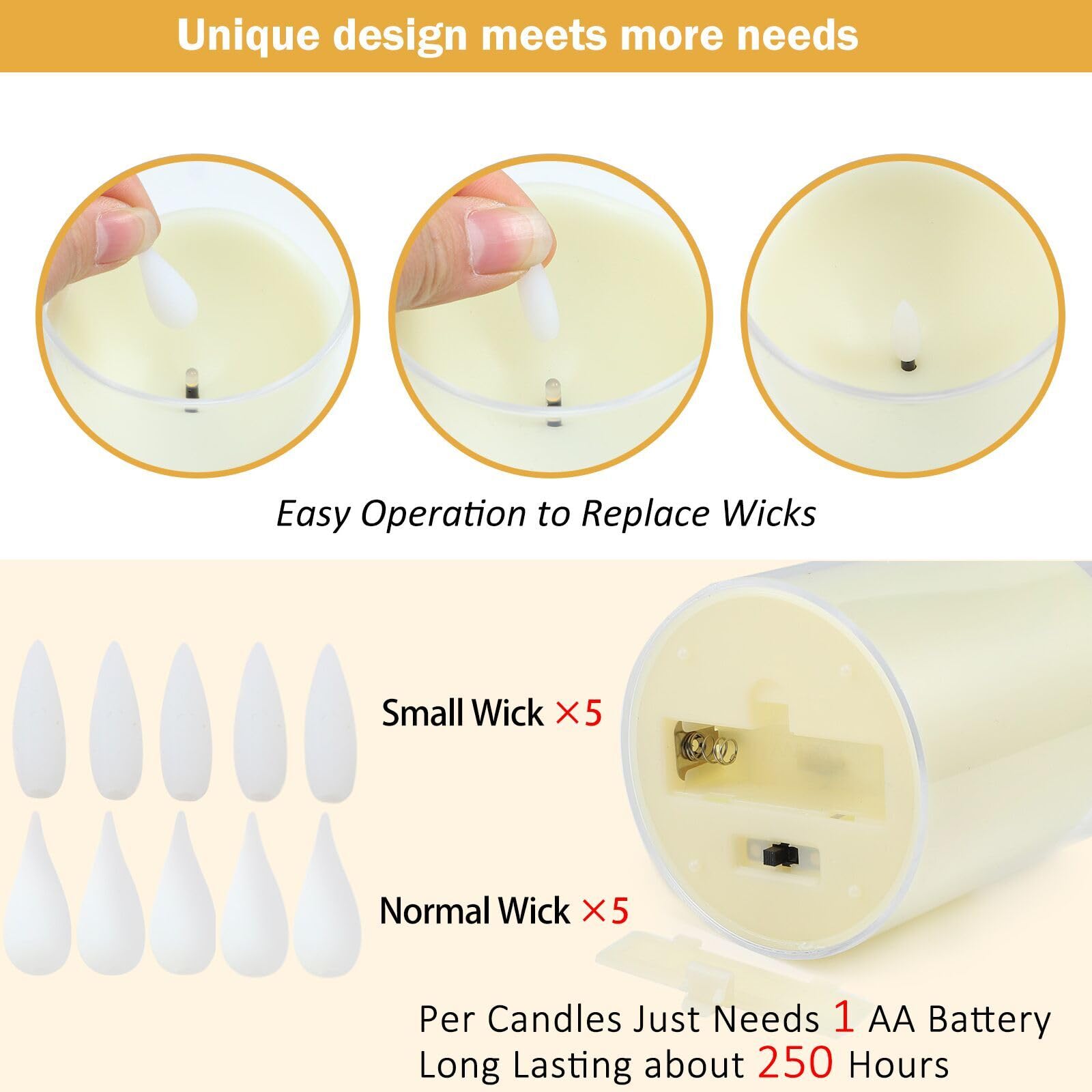 Battery Operated LED Flameless Pillar Candles Set of 5 with Remote & Timer - Ivory Plexiglass Flickering Candles (3