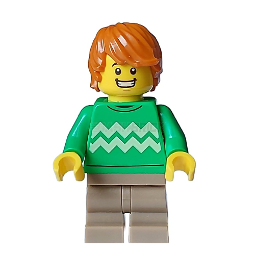 LEGO Minifigure - Male Character with Green Sweater & Zigzag Pattern, Medium Legs & Dark Orange Hair - Perfect for City Themed Collections & DIY Stop Motion Animation