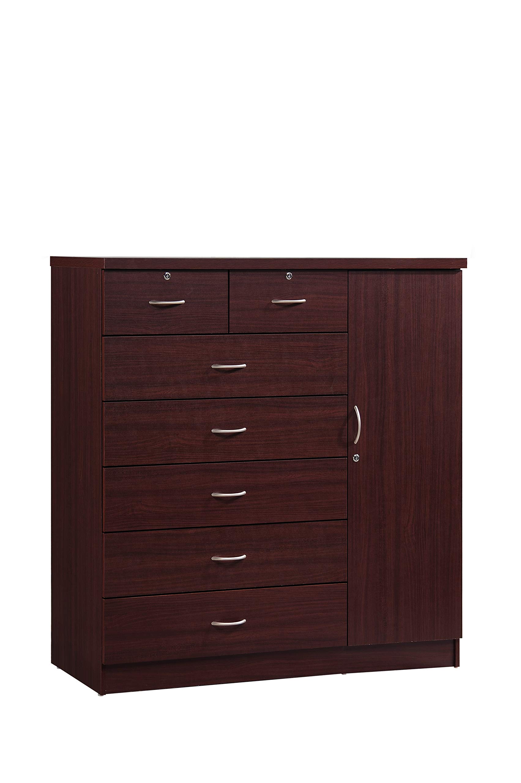 Hodedah 7-Drawer Jumbo Chest Organizer - 5 Large & 2 Small Drawers with Lock, Hanging Rod & 3 Shelves - Mahogany Finish (17.76