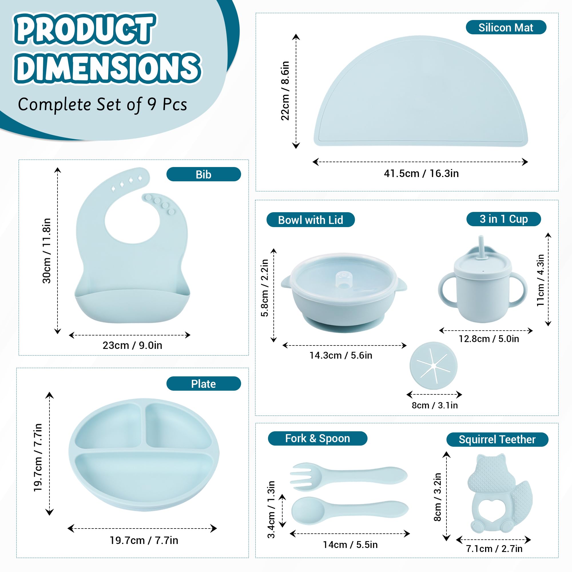 **9-Piece Silicone Baby Feeding Set - Toddler Plates, Bowls, Utensils, Suction Plates, Spill-Proof Sippy Cup & Soft Bib (Blue) - Perfect for Mess-Free Mealtime, Travel & Daycare**