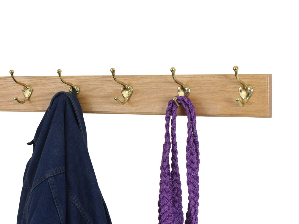 Solid Oak Coat Rack with Brass Hooks - USA Made for Entryway & Bedroom