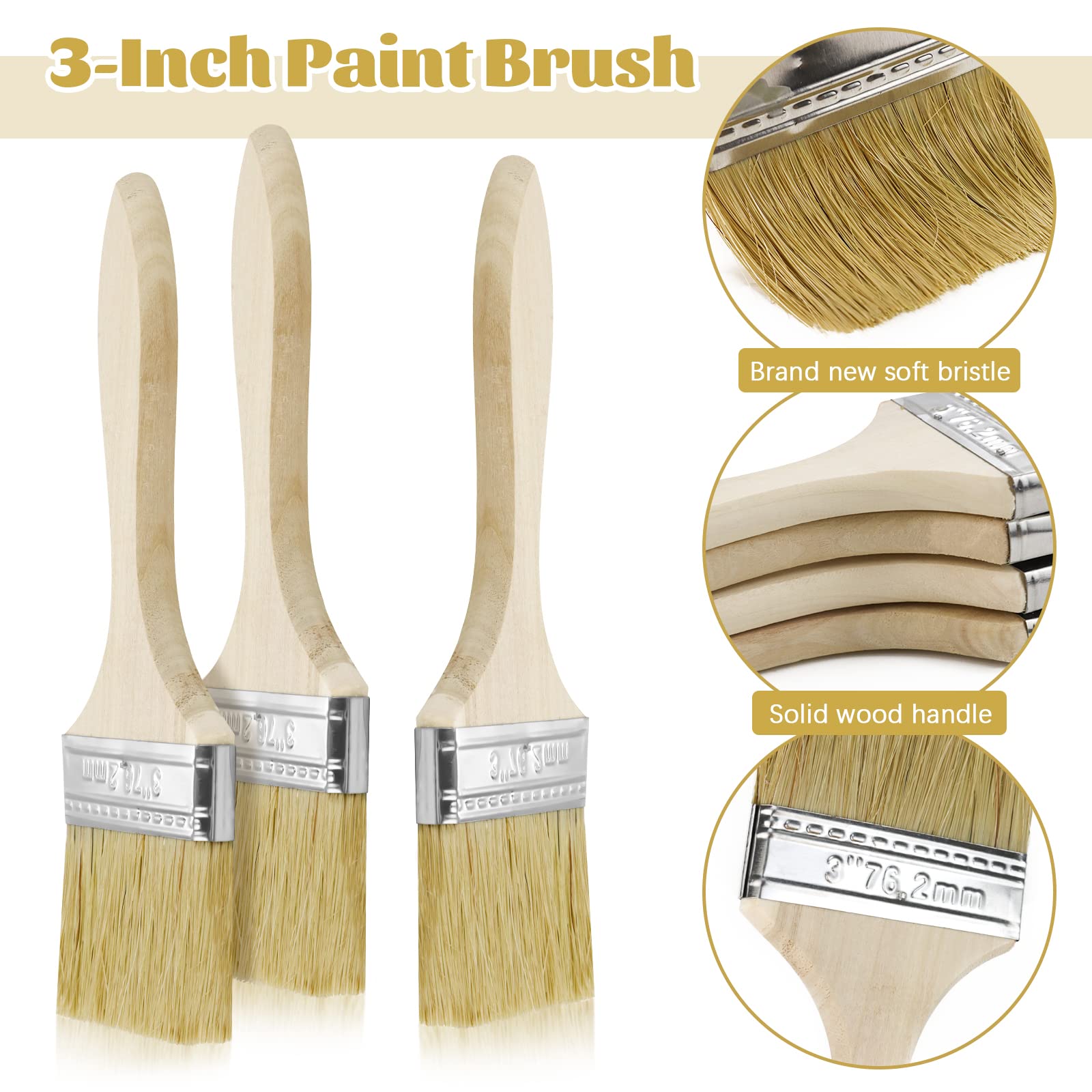 Premium 3-Inch Paint Brushes for Paint, Stain, Varnish & Watercolor - Wood, Wall & Furniture Painting - Includes Brush Cleaner (Pack of 36) - Perfect for DIY Home Projects & Professional Artwork