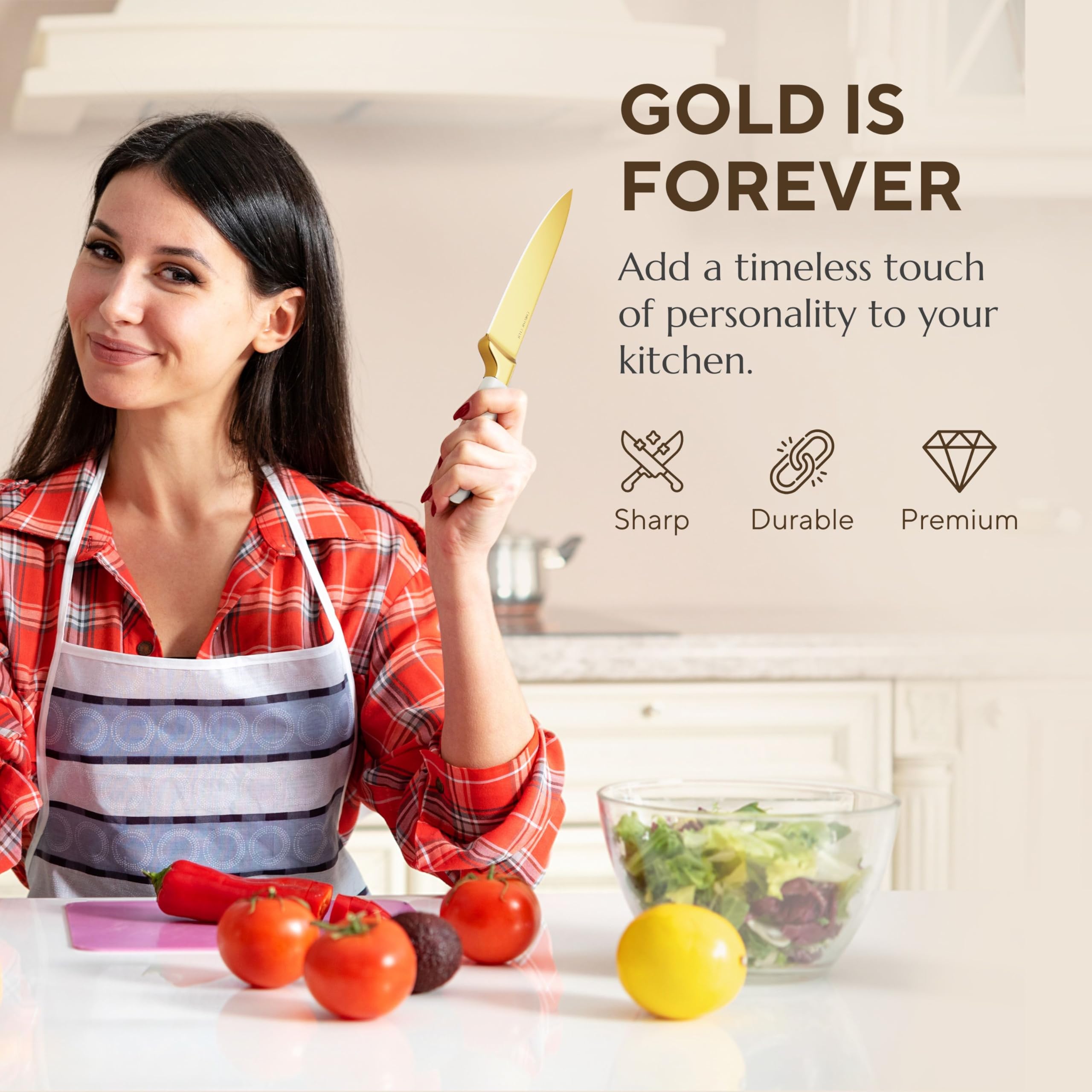 White and Gold 7-Piece Kitchen Knife Set with Sharpener, Scissors & Wooden Block - Premium Gold-Tone Knives for Effortless Cooking, Slicing & Meal Prep