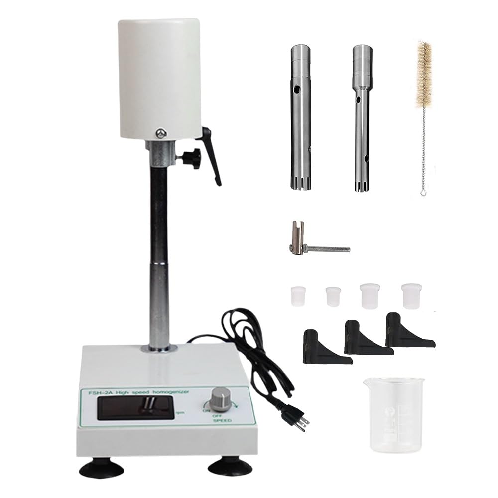 FSH-2A High Speed Homogenizer Mixer 5-1000ml, 20,000RPM Lab Homogenizer with 2X SUS304 Working Heads & Magnetic Clips, 110V for Emulsifying, Cell Disruption - Perfect for Laboratory, School & Research Use