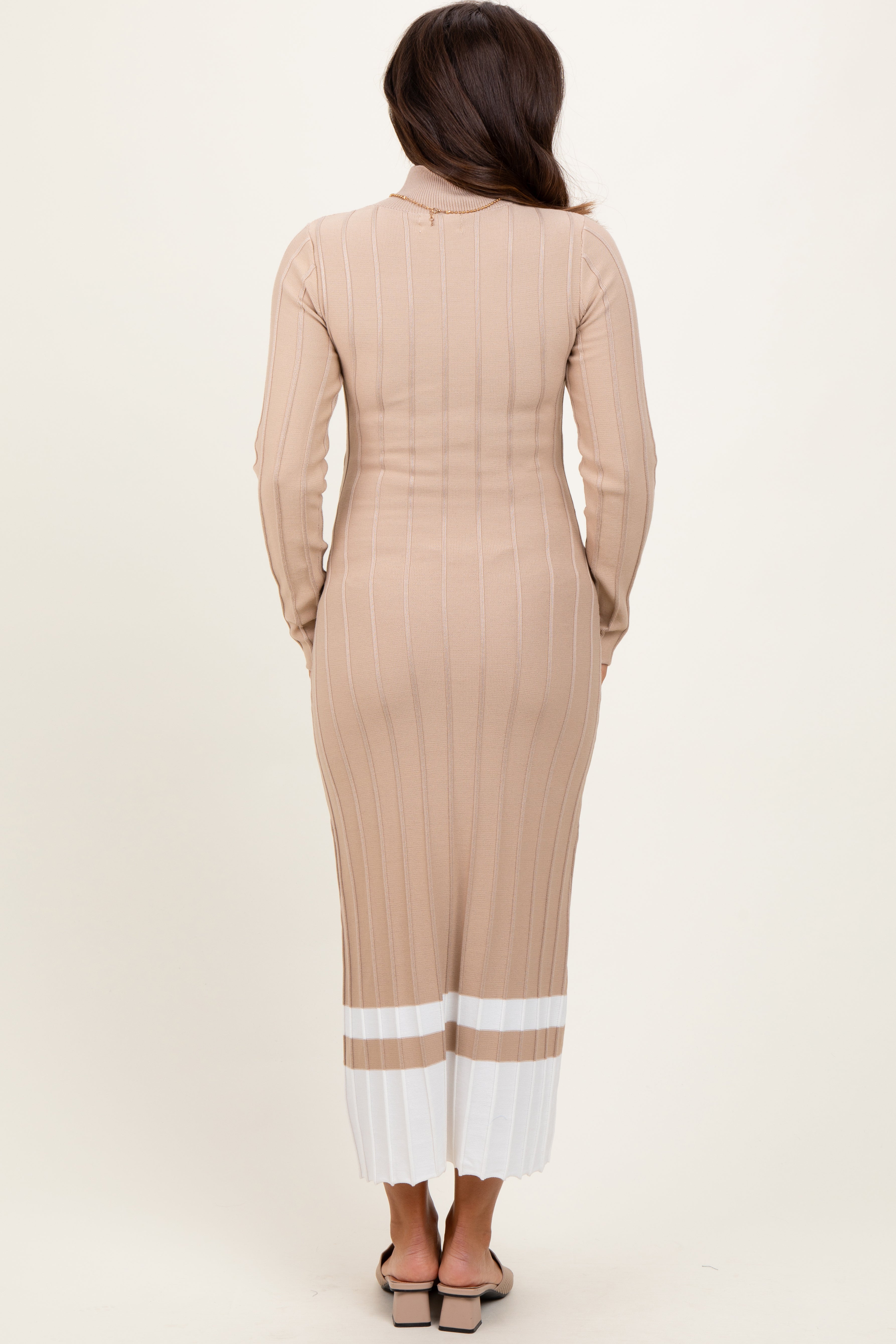 Beige Colorblock Hem Mock Neck Maternity Sweater Dress for Pregnancy - Cozy & Stylish Outfit for Baby Showers, Maternity Photos & Winter Comfort