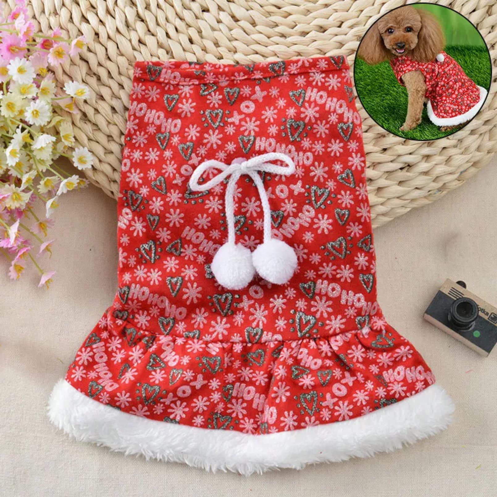 Warm Velvet Christmas Dog Dress - Red Fleece Skirt Jacket for Small Dogs | Winter Pet Costume for Puppies | Perfect for Holiday Parties & Cold Weather Outings