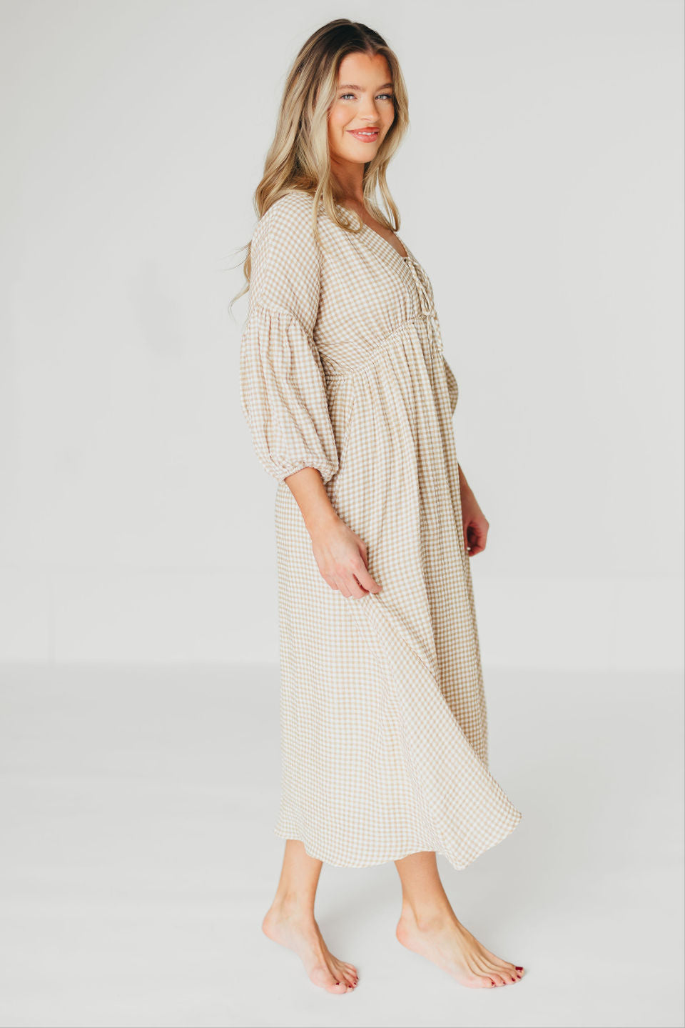 Hunter Printed Gauze Midi Dress in Natural Plaid - Bump Friendly Maternity Dress for Summer, Beach & Casual Wear