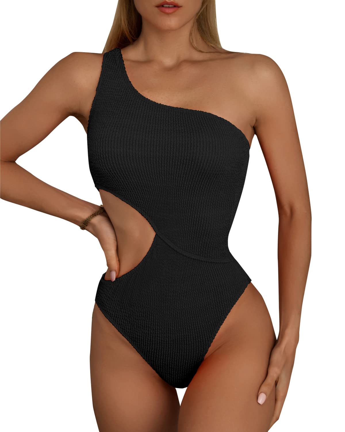 Limeeke Women's One Shoulder Cutout Monokini Swimsuit - Sexy Ribbed One Piece Bathing Suit for Beach, Pool Party & Summer Vacation