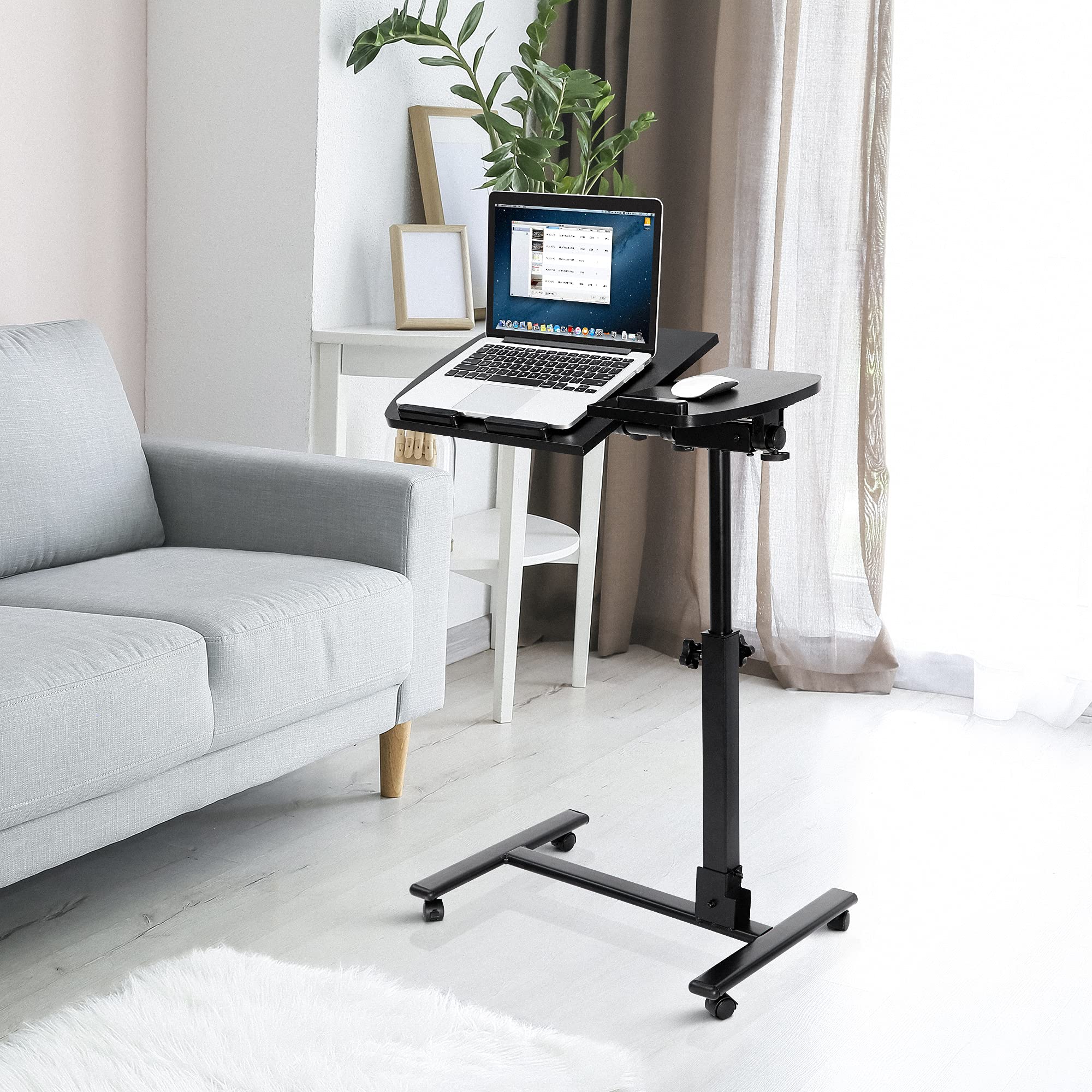 Adjustable Mobile Laptop Stand Overbed Table - Rolling Desk Cart with Sit-Stand Function for Home Office & Bedroom, Height Adjustable 24