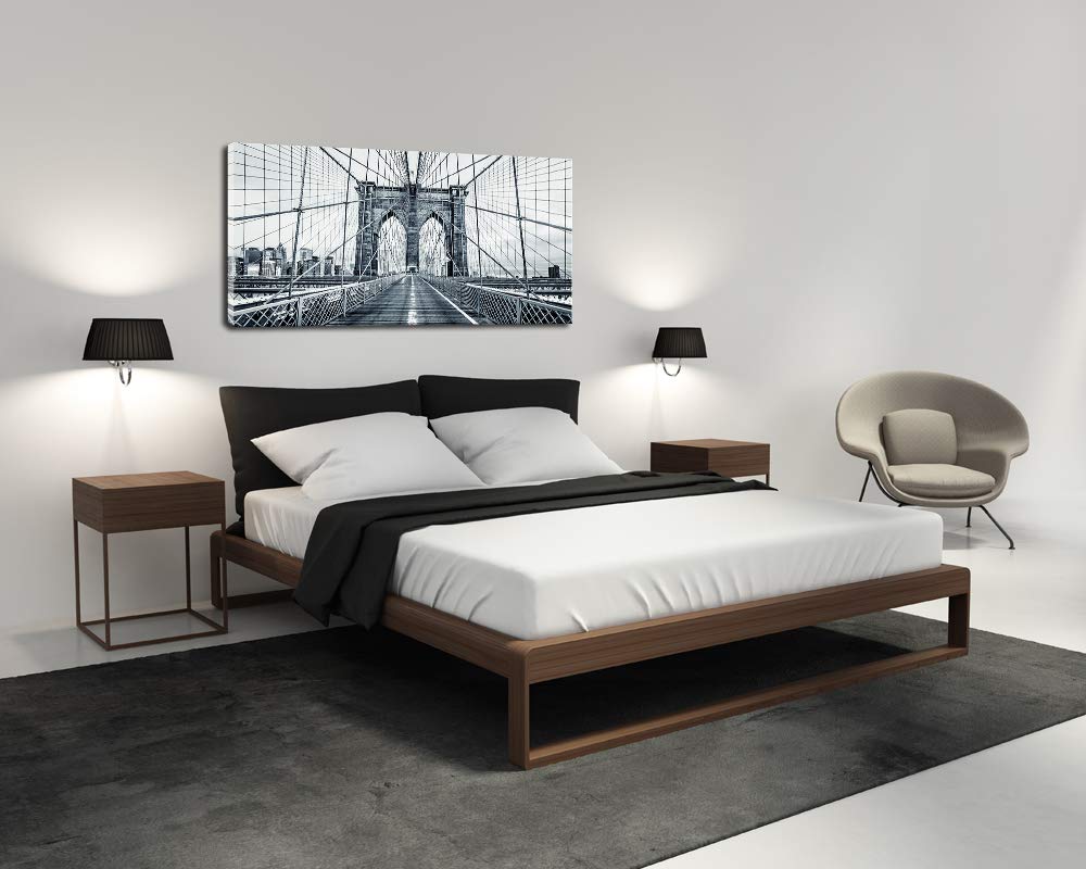 Black and White New York City Brooklyn Bridge Wall Art - Stretched & Framed Canvas Painting for Living Room, Office & Home Decor | DZL Art Q70775 | Perfect for Urban Style Interiors & Gift Giving