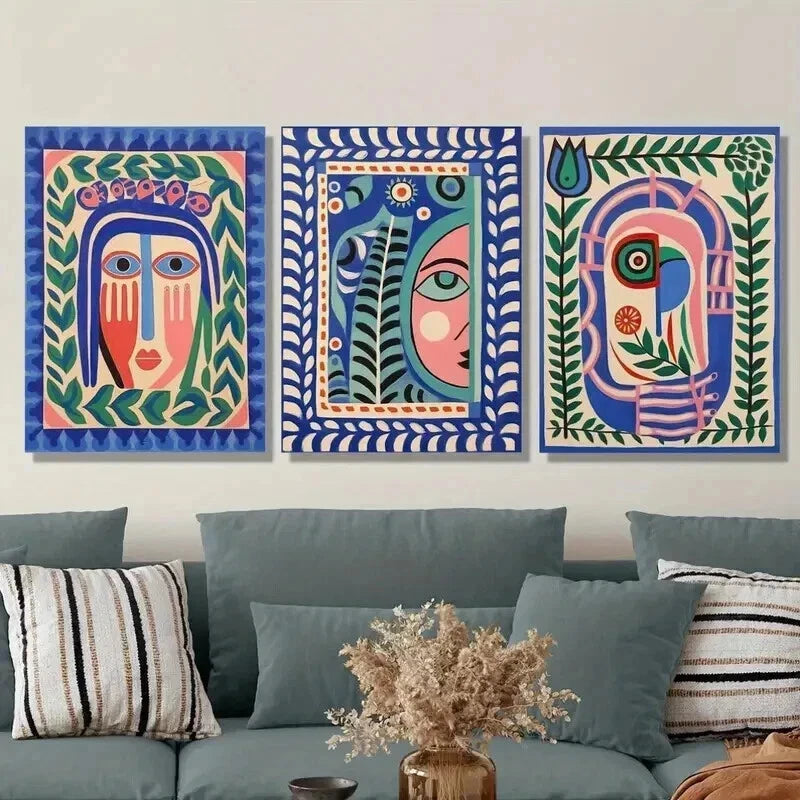 3-Piece Art Deco Folk Abstract Face Wall Art Set - Framed Canvas 50x70cm | High Quality Print | 100% Australian Made | Ready to Hang | Perfect for Living Room, Bedroom & Office Decor