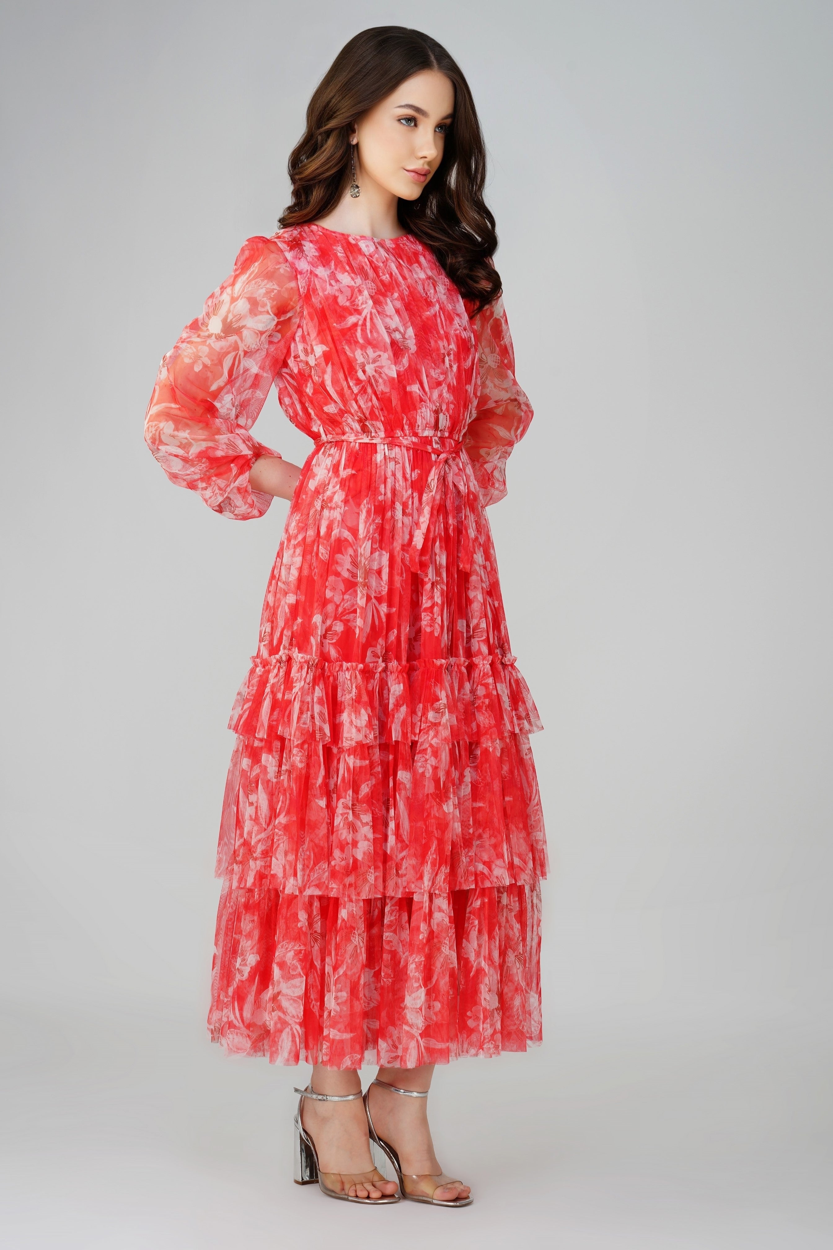 Rebecca Red Floral Print Midi Dress for Women | Elegant Casual & Party Wear | Perfect for Dates, Office, and Special Occasions