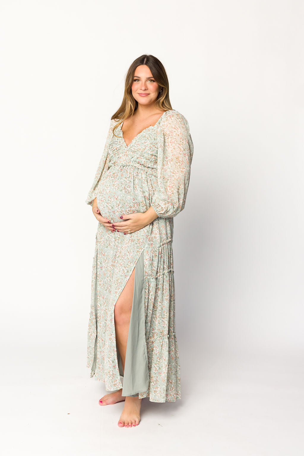Elegant Daphne Long Sleeve Maxi Dress - Sage/Pink/Ivory Floral Print | Bump Friendly Maternity Wear & Inclusive Sizing (XS-3XL) | Perfect for Pregnancy, Special Occasions & Everyday Comfort