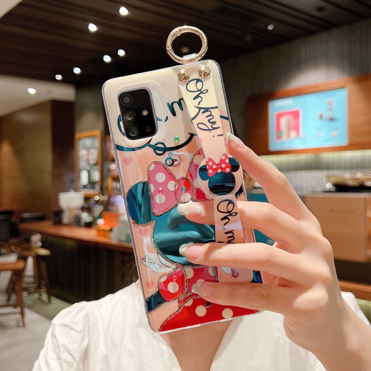 Cute Glitter Bling Shockproof Protective Case for Samsung Galaxy A71 5G (Not 4G & UW Verizon) - Soft TPU Cover with Wrist Strap & Kickstand for Girls & Women - Minnie Design - Perfect for Daily Use, Work & Travel