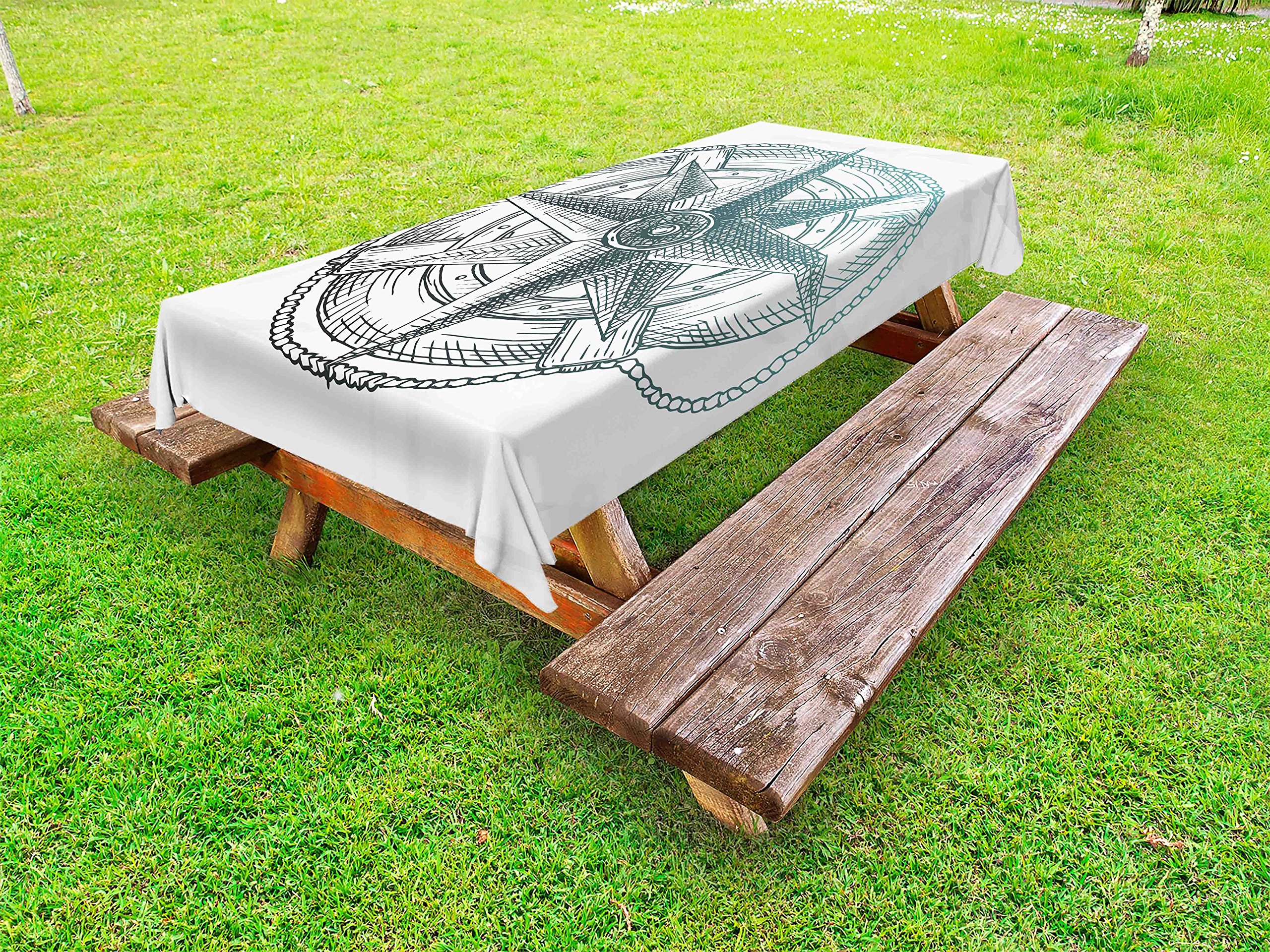 Lunarable Nautical Outdoor Tablecloth - Compass & Steering Wheel Ocean Yacht Sailing Design, Hand-Drawn Washable Picnic Table Cover 58x104 Inches in Pale Green & Charcoal Grey | Perfect for Beach Parties, Backyard BBQs, and Nautical-Themed Decor