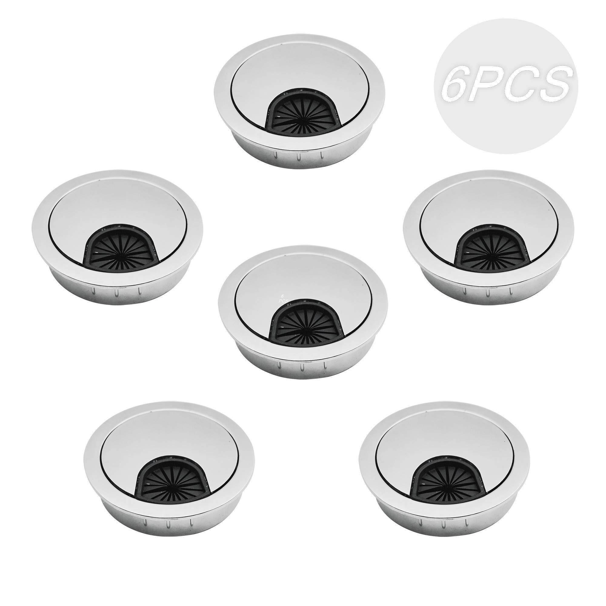 6 Pack 2 Inch Silver Zinc Alloy Desk Grommets - Heavy Duty Metal Cable Management Grommet for Office & Home Use - Perfect for Wire Organization in Desks, Tables & Workstations (Fits 2